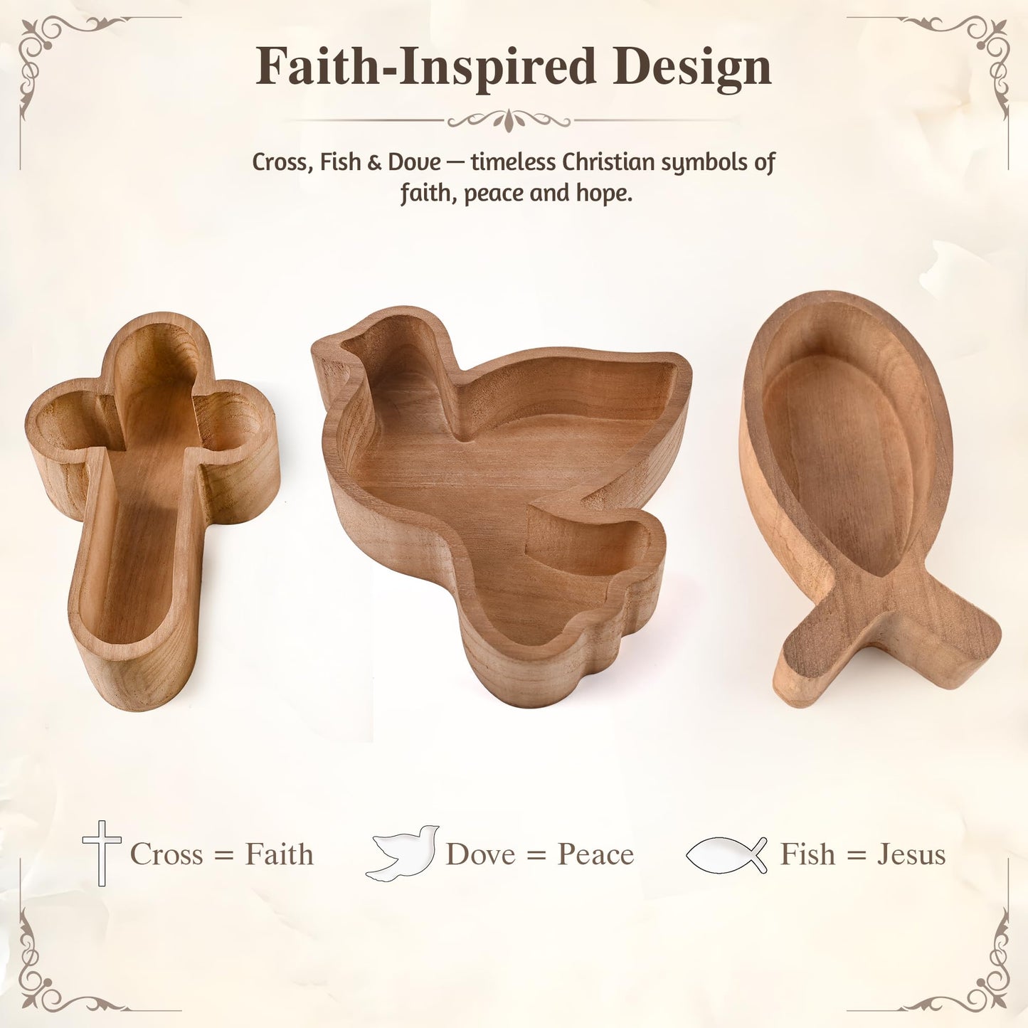 Pawnoc Paulownia Wood Dough Bowl Set, 3 Pack Christian Candle Holders in Cross, Dove, Fish Shapes, Rustic Decorative Pieces for DIY Candle Making, Farmhouse or Church Decor