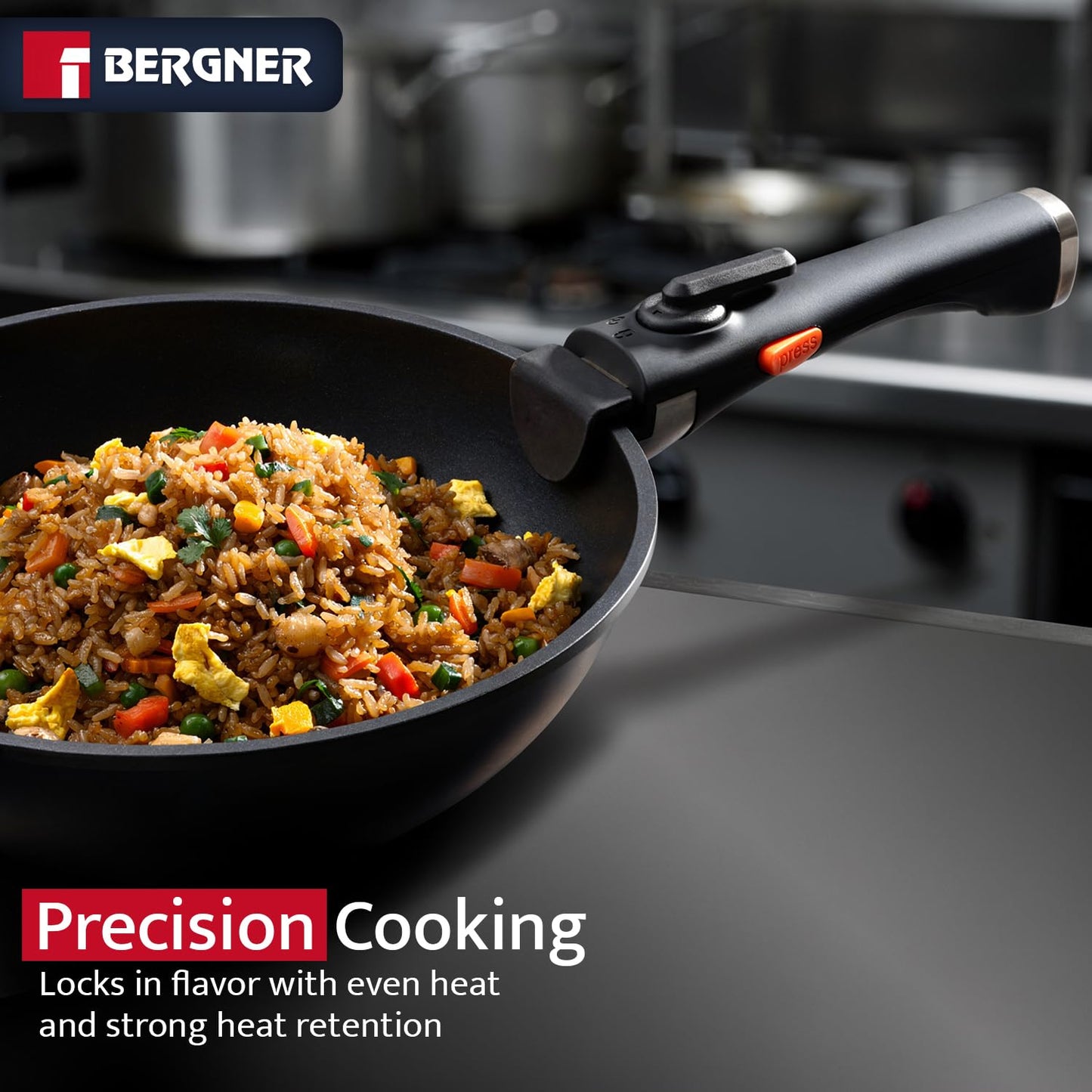 Bergner 11-Piece Non-Stick Cookware Set with Detachable Handles - Stackable Die-Cast Aluminum Pots and Pans Set, Induction Compatible, Space-Saving Kitchen Cookware, Black