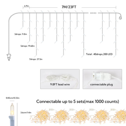 BEEWIN 200 Christmas Icicle Lights, Warm White Clear Bulbs with 23FT Long White Wire, Professional Grade String Lights for Indoor & Outdoor,Xmas,Party, Patio, Courtyard, Window, Fence, Trees Decor