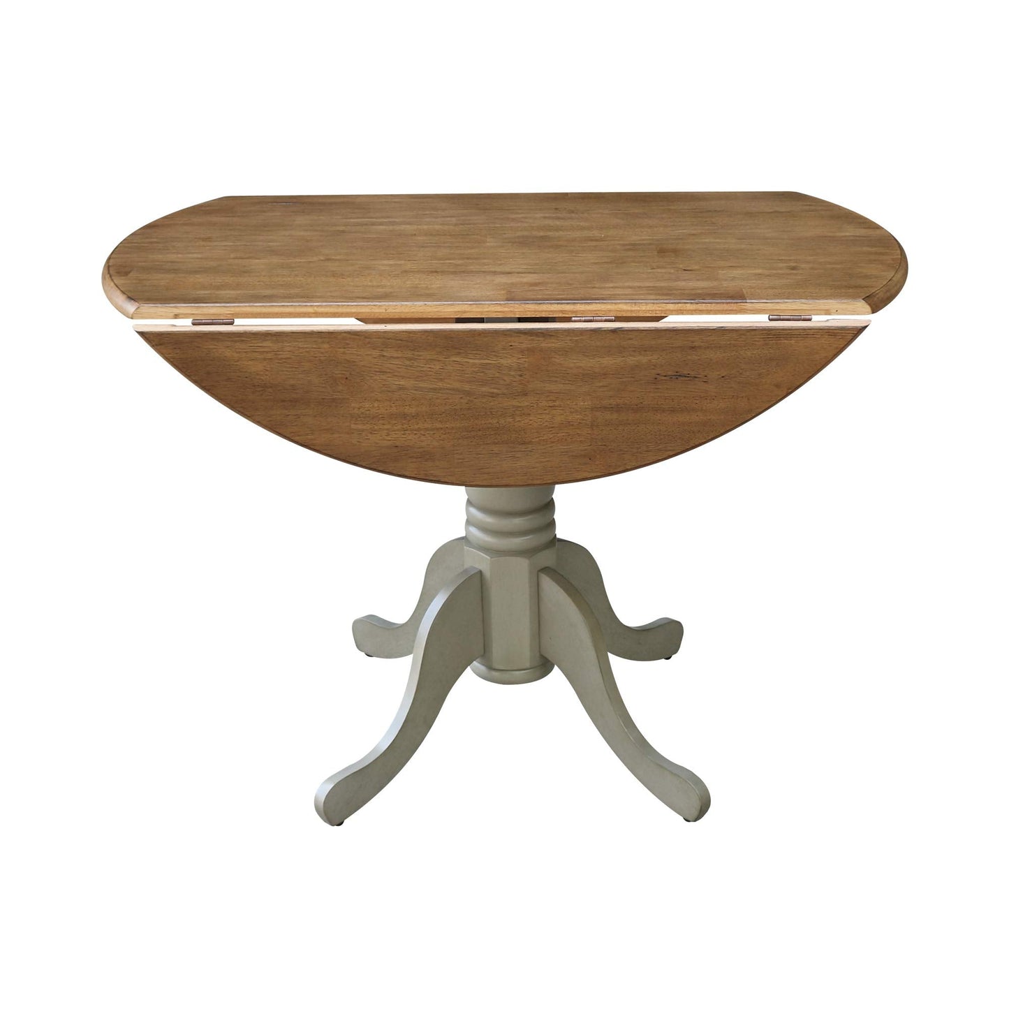 IC International Concepts, 42" Round Dual Drop Leaf Pedestal Dining Table, Solid Real Wood, Sturdy Parawood, Distressed Hickory/Stone