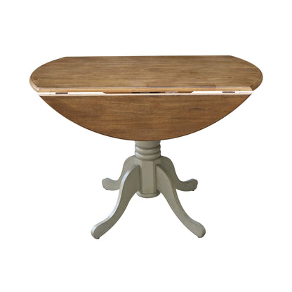 IC International Concepts, 42" Round Dual Drop Leaf Pedestal Dining Table, Solid Real Wood, Sturdy Parawood, Distressed Hickory/Stone