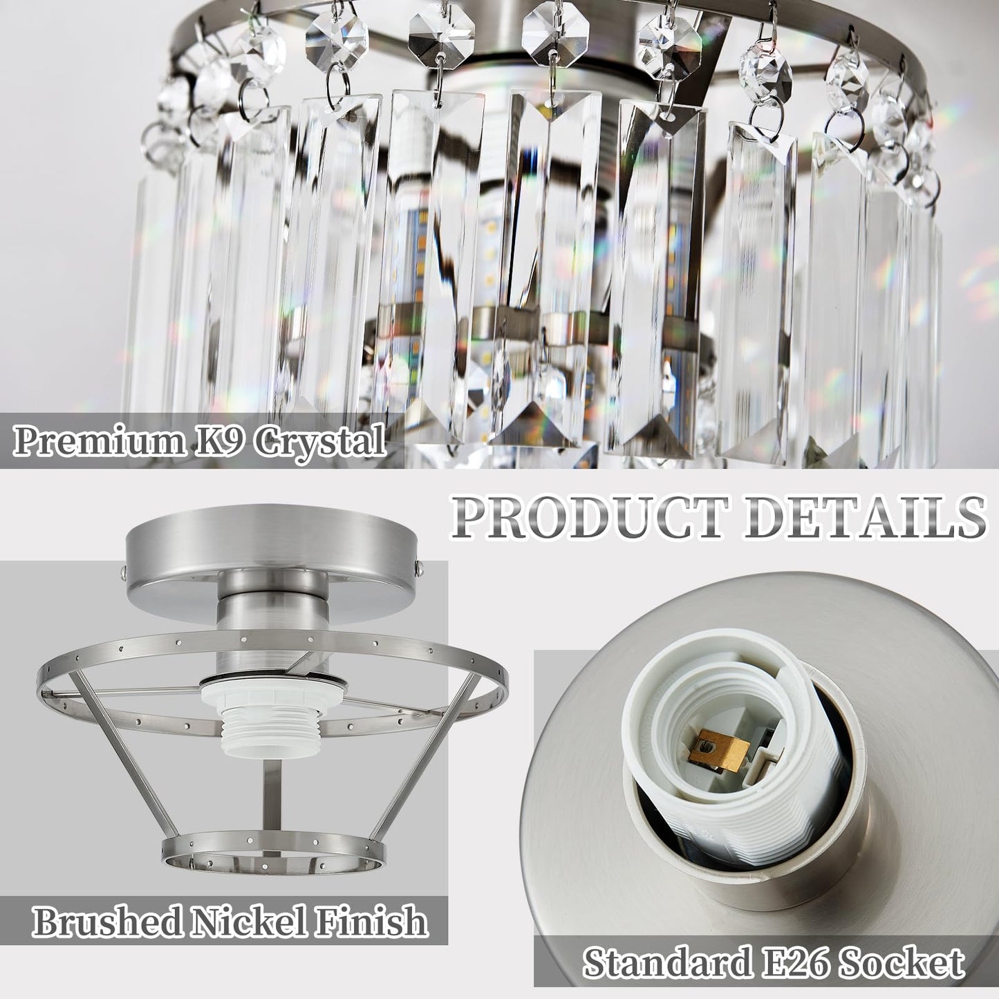 XPEHK Crystal Ceiling Chandelier,Mini Chandelier Light Fixture with K9 Crystals,Brushed Nickel Finish for Living Room Entryway Bedroom Laundry Room,1-Light E26 Base