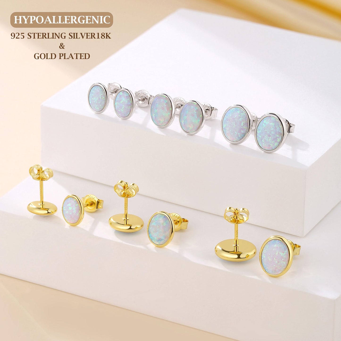 JiayangJY White Fire Opal Stud Earrings for Women 18K White Gold Plated Sterling Silver Oval Shape 5mm Opal Earrings with Push Back