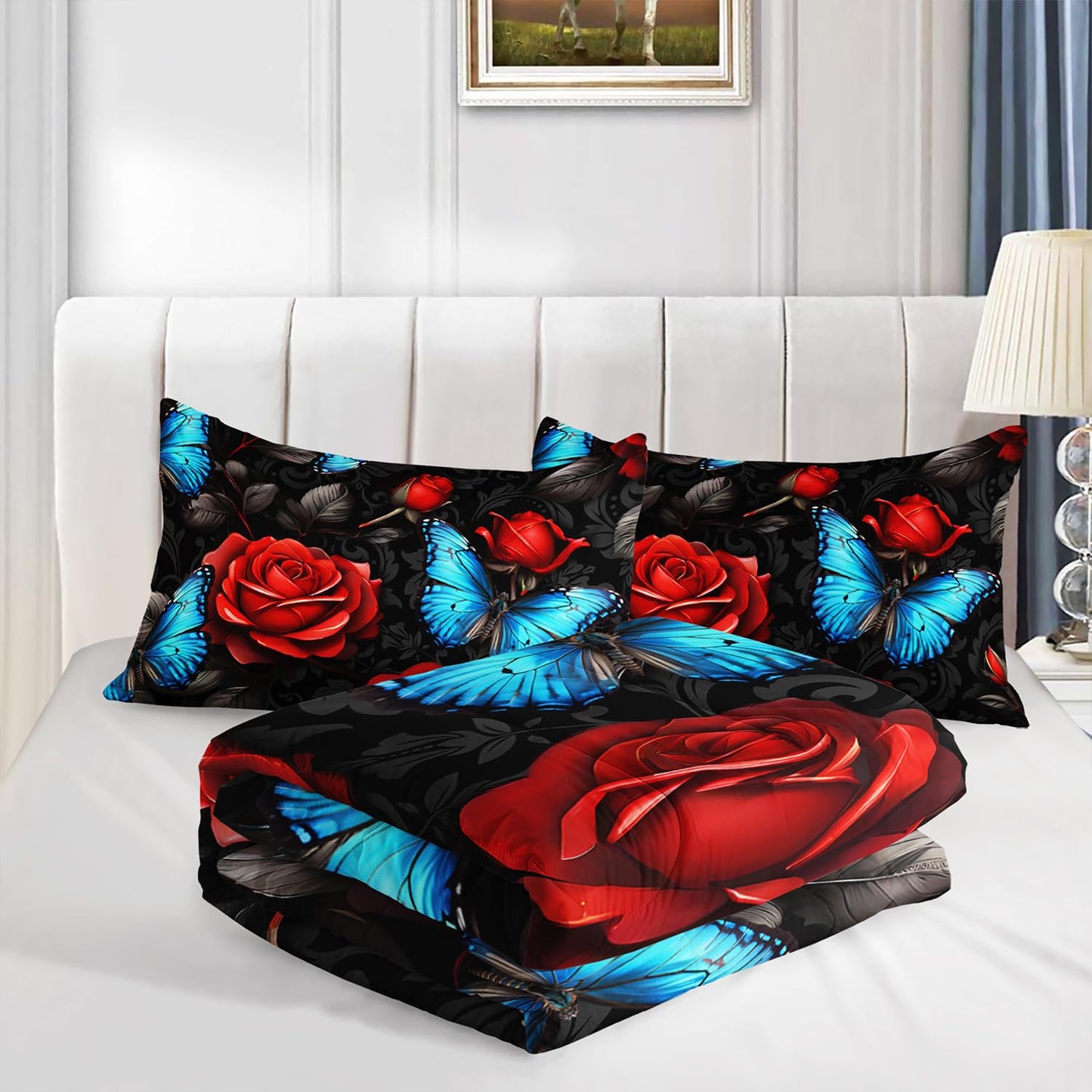 UEVBF Black Red Rose Comforter Sets,Blue Butterfly Comforter Set Queen Bedding Sets for Girls Women Bedroom Decor,Romantic Floral Themed Bedding Soft Lightweight Comforter Sets with 2 Pillowcases.