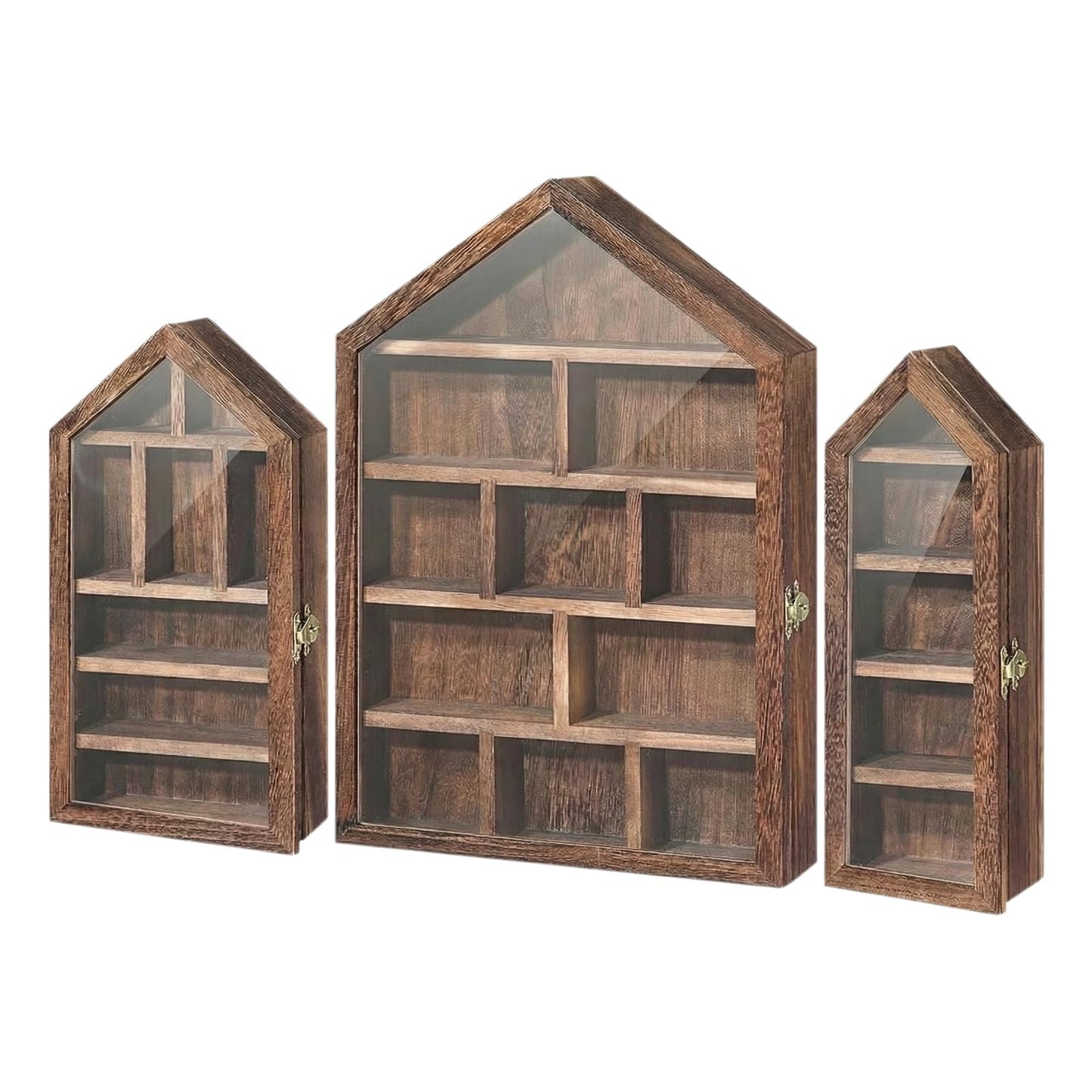 Yuzhrao Trinket Shelf Display with Door (Set of 3), Solid Wood Knick Knack Shelf for Wall, House Shaped Curio Display Case Shadow Box for Miniatures, Crystals, Rocks & Collectibles (Brown)
