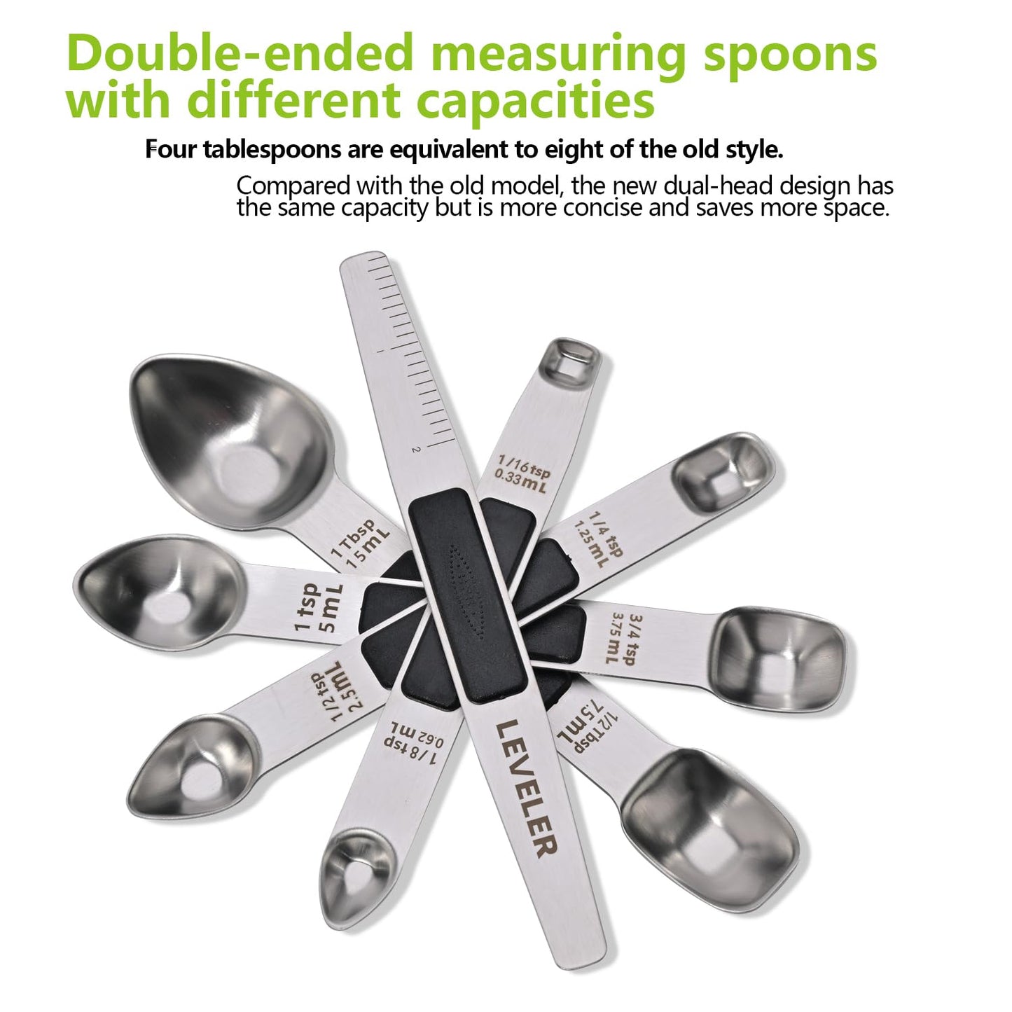 Stainless Steel Magnetic Measuring Spoons Set, Heavy Duty Metal Kitchen Gadgets for Baking & Cooking, Fits in Most Kitchen Spice Jars, Set of 4 with Leveler (Black)