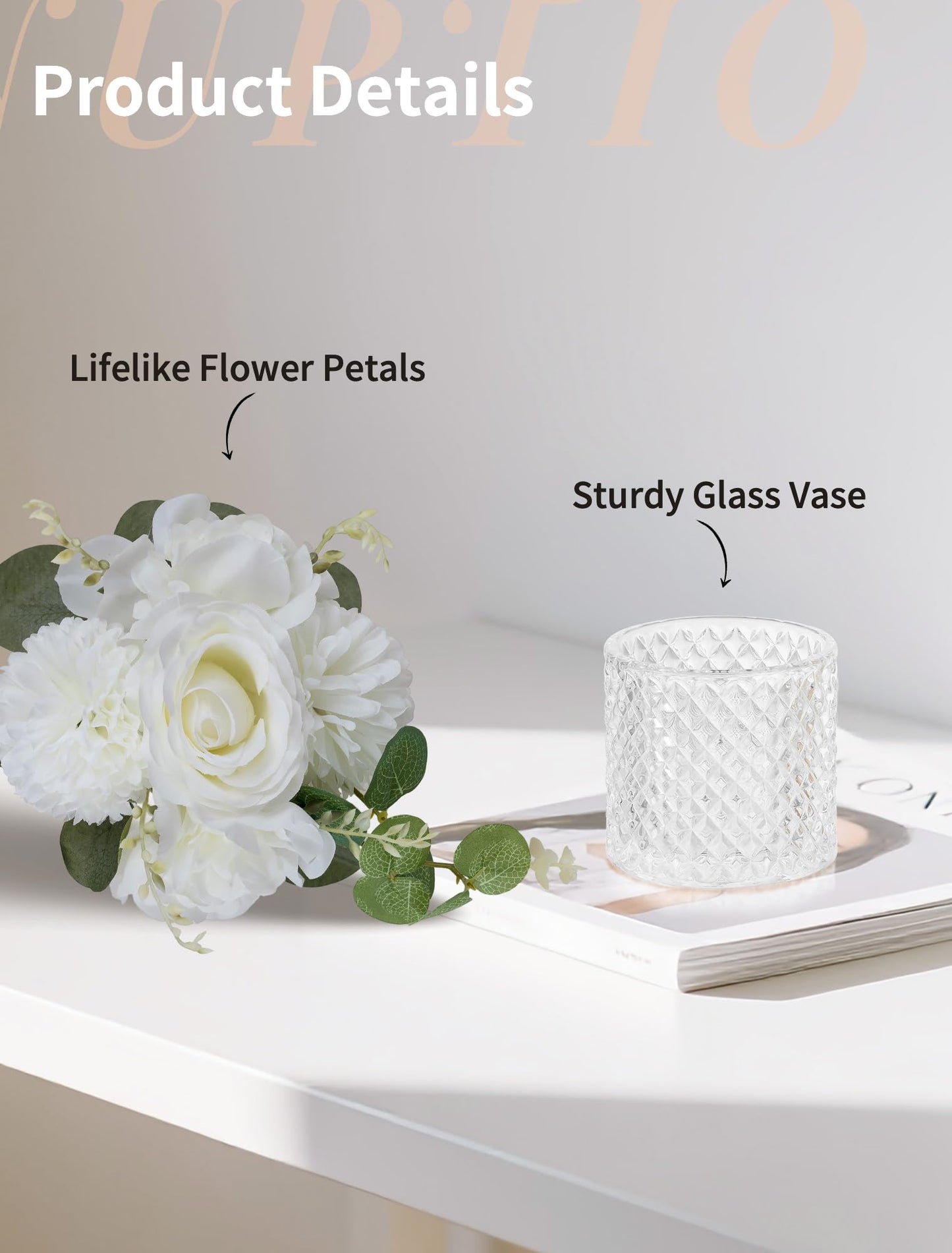 NUPTIO Small Fake Flower in Vase: 2 Pcs Silk Artificial Flowers with Clear Glass Vases for Living Room Bathroom Office Decor - Faux Rose Mums Floral Arrangements Wedding Dining Table Centerpiece