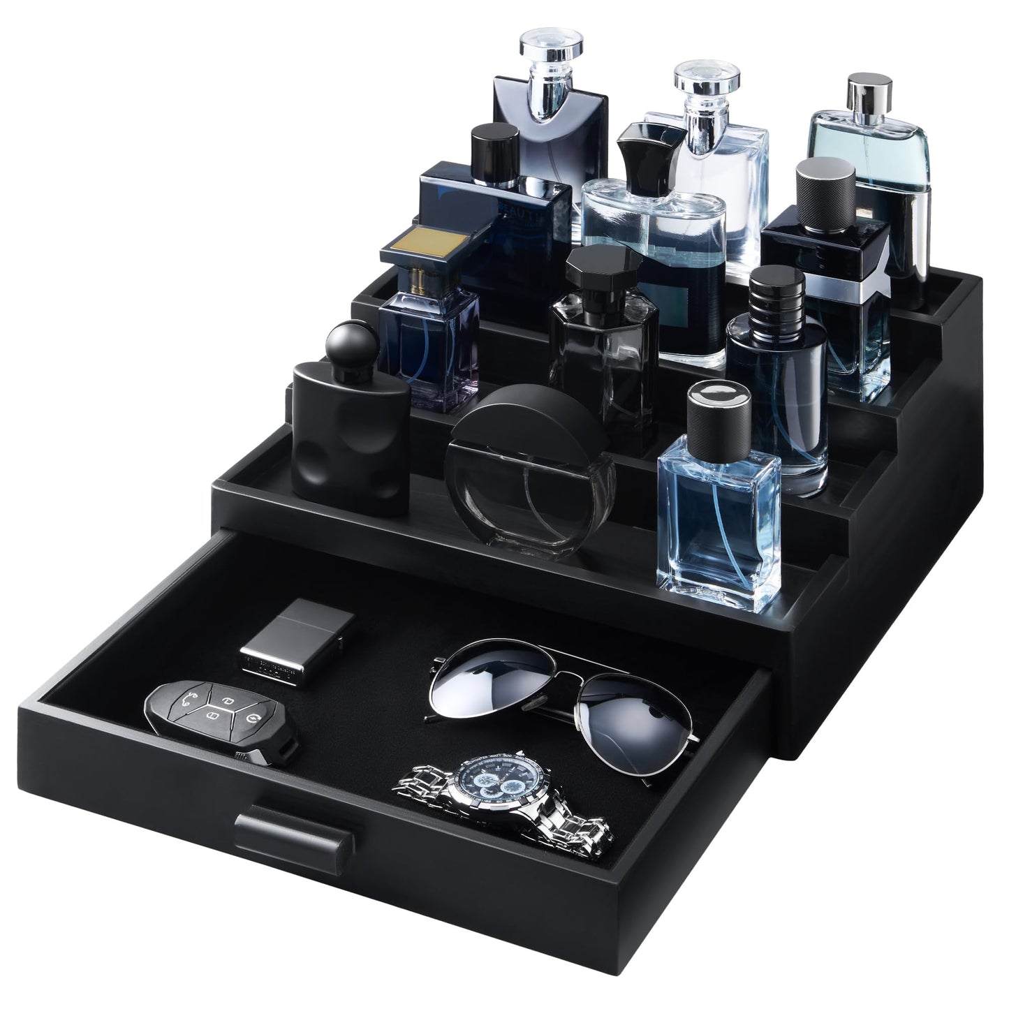 Swathmore Supply Co. Cologne Organizer for Men – 4 Tier Wooden Cologne Stand with Premium Velvet Drawer, Cologne Shelf, Perfume Fragrance Organizer & Display Holder for Dresser, Father's Day, Black