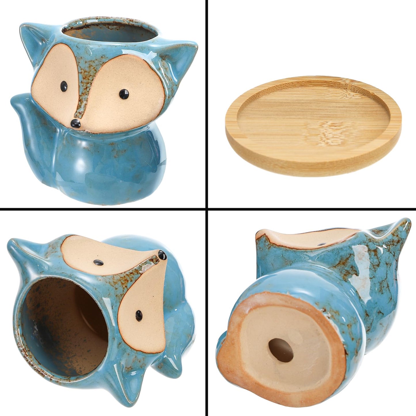 Dicunoy 6 Pack Mini Animal Succulent Planters with Bamboo Tray, 4" Ceramic Fox Flower Pots with Drainage Hole, Cute Cactus Planter for Indoor Plants, Home, Office, Window Decoration