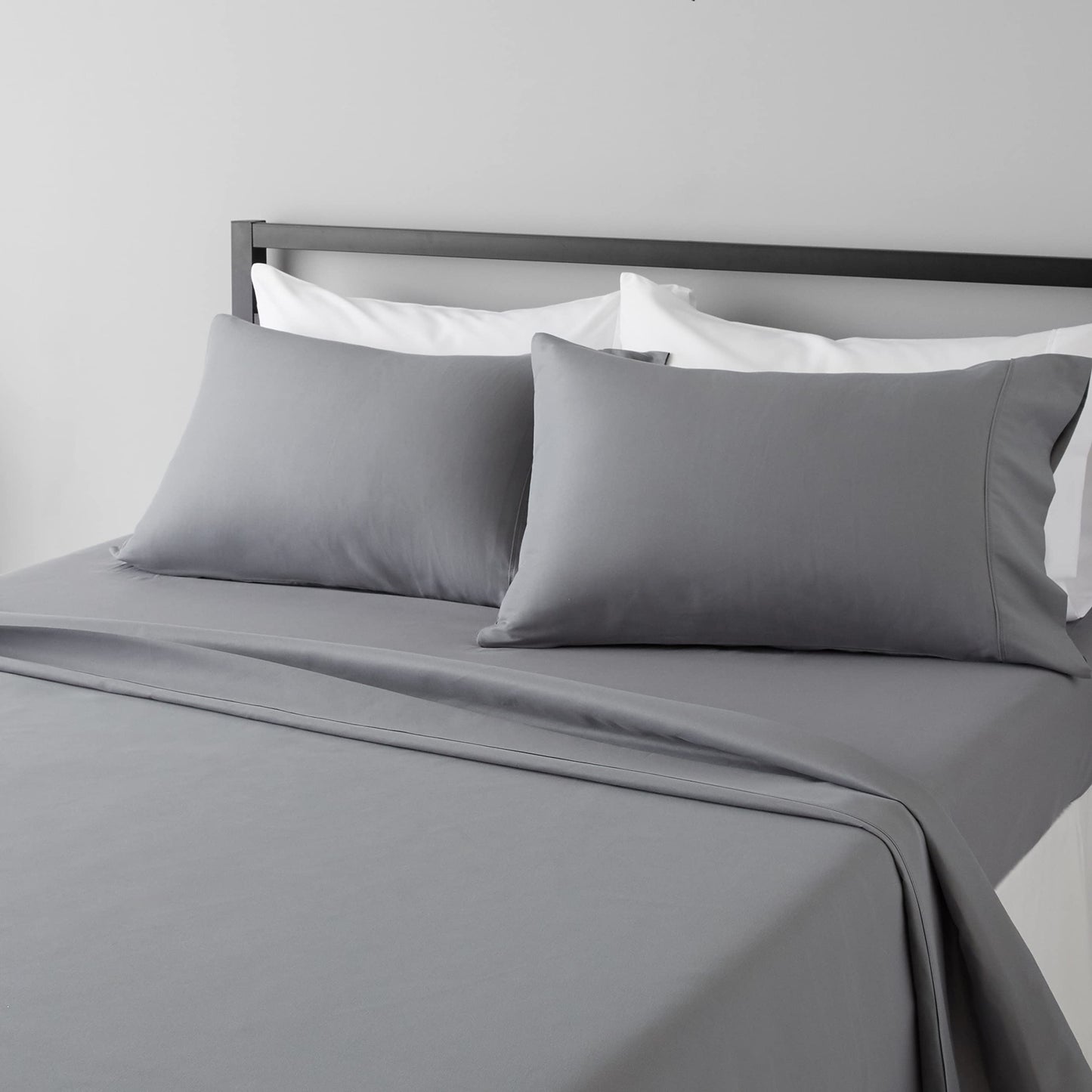 Amazon Basics Lightweight Super Soft Comfortable Breathable Wrinkle Resistant Brushed Microfiber 4-Piece Bed Sheet Set with 14-Inch Deep Pockets, Queen, Dark Gray, Solid