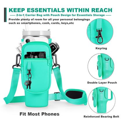 BULKITEM 40oz Water Bottle Carrier Bag with Phone Pocket for Green Stanley 40 oz Tumbler with Handle, Green Insulated Neoprene Cup Holder Pouch Strap for Valentines Stanley Cup Accessories