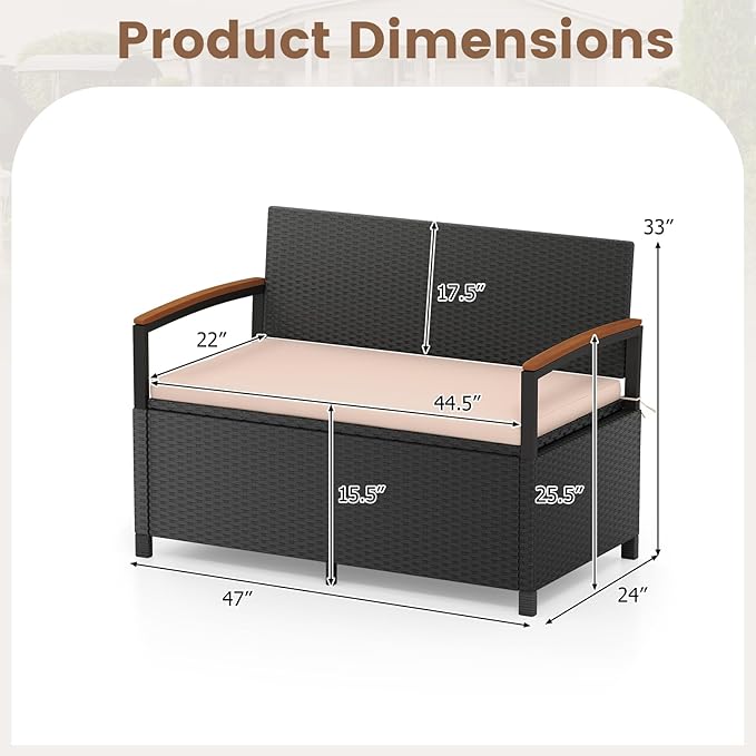 Tangkula 46 Gallon Outdoor Bench with Storage, Outdoor PE Rattan Storage Bench with Cushion, Backrest & Acacia Wood Armrests, Metal Frame, Waterproof Deck Box Seat for Porch Backyard Poolside