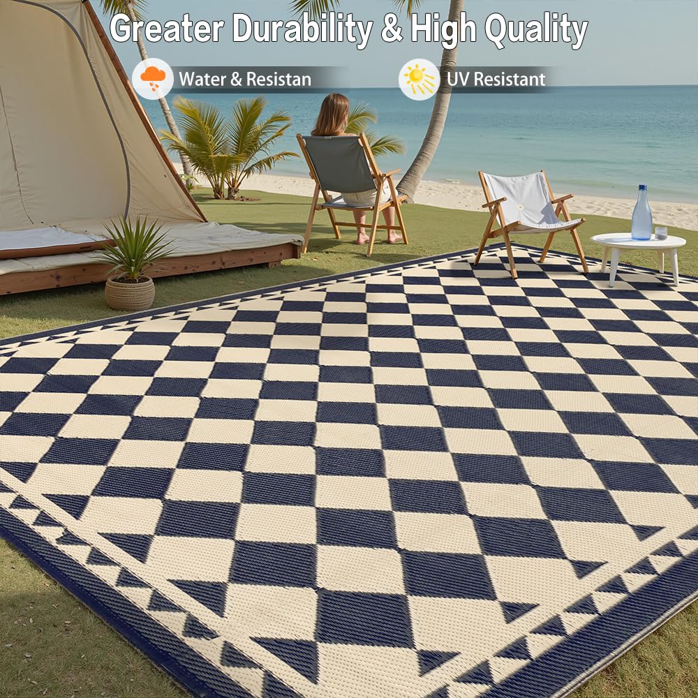 HUGEAR Outdoor Waterproof Rug 10'x14' Plastic Straw Rugs Washable Reversible Floor Mat Beige Plaid Carpet for Camping RV Deck Entryance Porch Picnic Balcony Beach Backyard