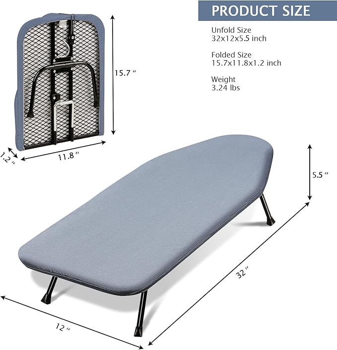 SheeChung Small Ironing Board Tabletop 12"x32", Mini Table Top Ironing Board