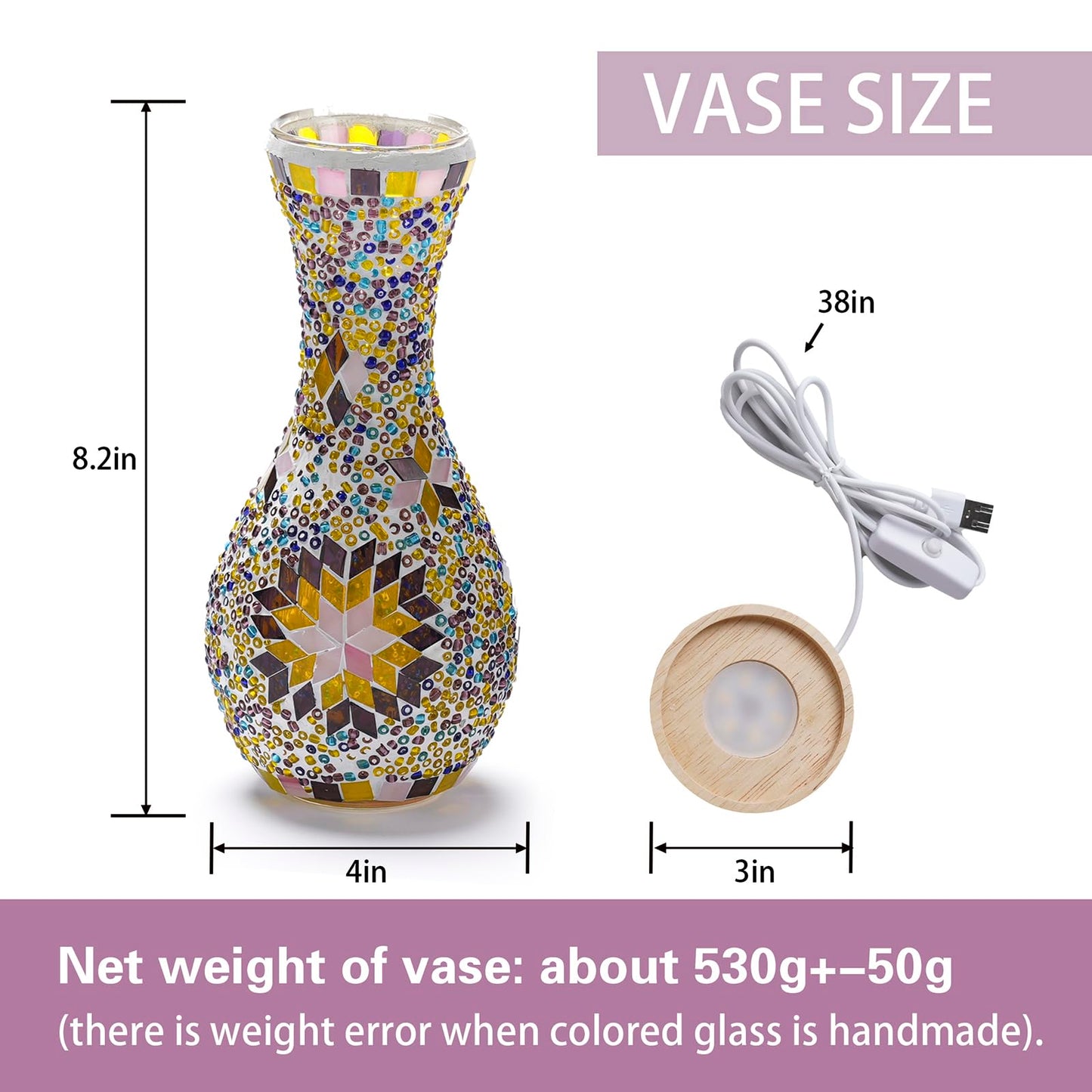 JAITAIK Stylish Turkish Mosaic Table Lamp Glass Vase Light with USB Power for Living Room or Bedroom Decoration