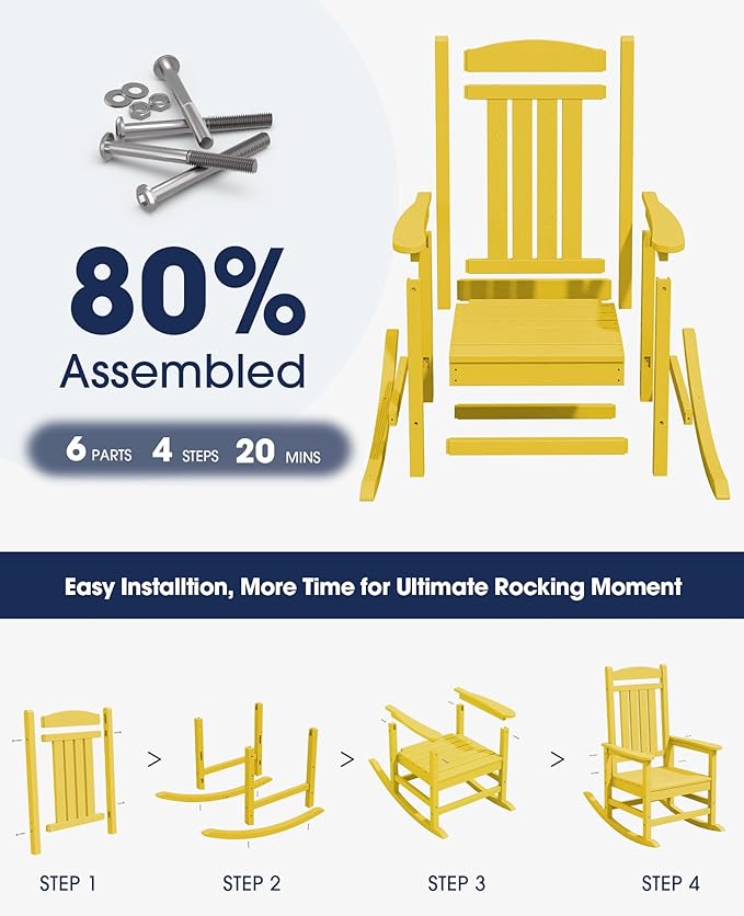 KINGYES Outdoor Rocking Chair Set of 2, High Density Polyethylene Patio Rocking Chairs with 330lbs Support for Adults, Yellow
