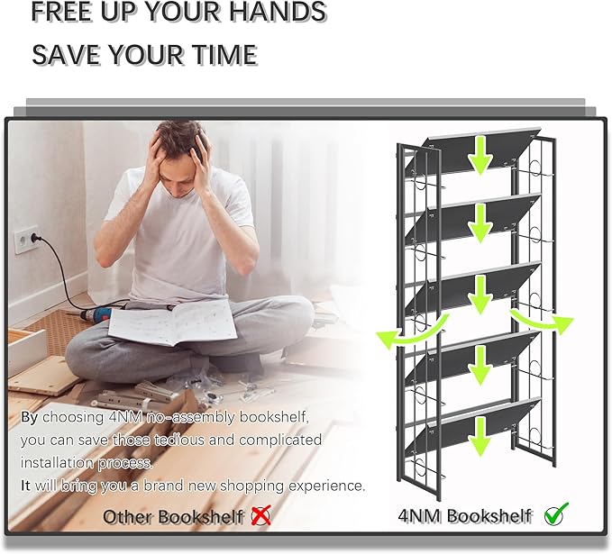 4NM No Assembly 5 Tiers Folding Bookshelf, 59.4" H Foldable Storage Shelves