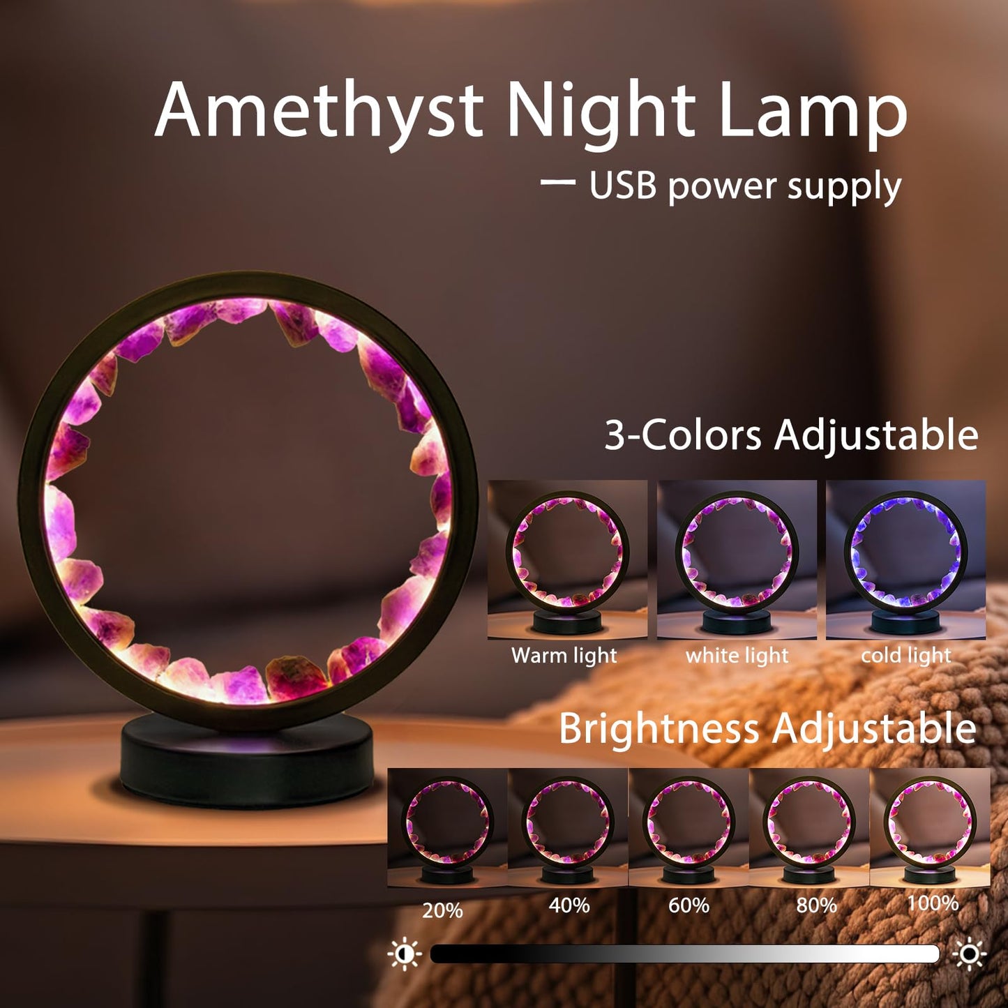 Runyangshi Runyansghi Amethyst Night Lamp 8.6'' Natural Healing Crystal Bedside USB Port 3 Colours Dimming Mode Bedroom Suitable Light for Living Room Office Home Decor Ideal Gift