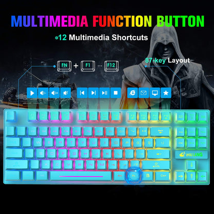 Wireless Gaming Keyboard and Mouse Combo with 87 Key Rainbow LED Backlight Rechargeable 3800mAh Battery Mechanical Feel Anti-ghosting Ergonomic Waterproof RGB Mute Mice for Computer PC Gamer (Blue)