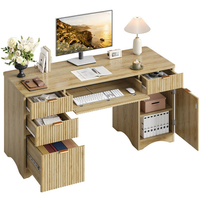 Bestier 63 Inch Home Office Desk with Drawers, Fluted Executive Desk with Ample File Drawer, Keyboard Tray & Storage Cabinet for Study, Living Room, Bedroom, Natural Oak