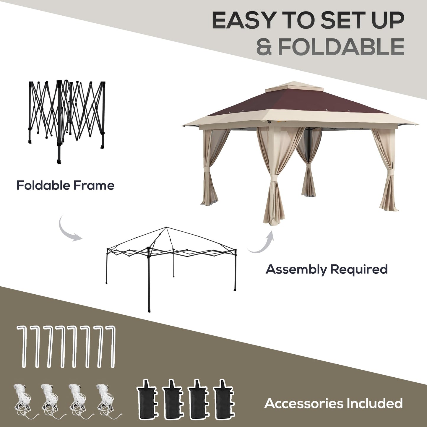 Outsunny 13' x 13' Pop Up Gazebo with Netting, UPF 50+ Instant Canopy Tent Shelter with Water/Sand Bags, Wheeled Carry Bag, for Outdoor, Garden, Parties, Brown