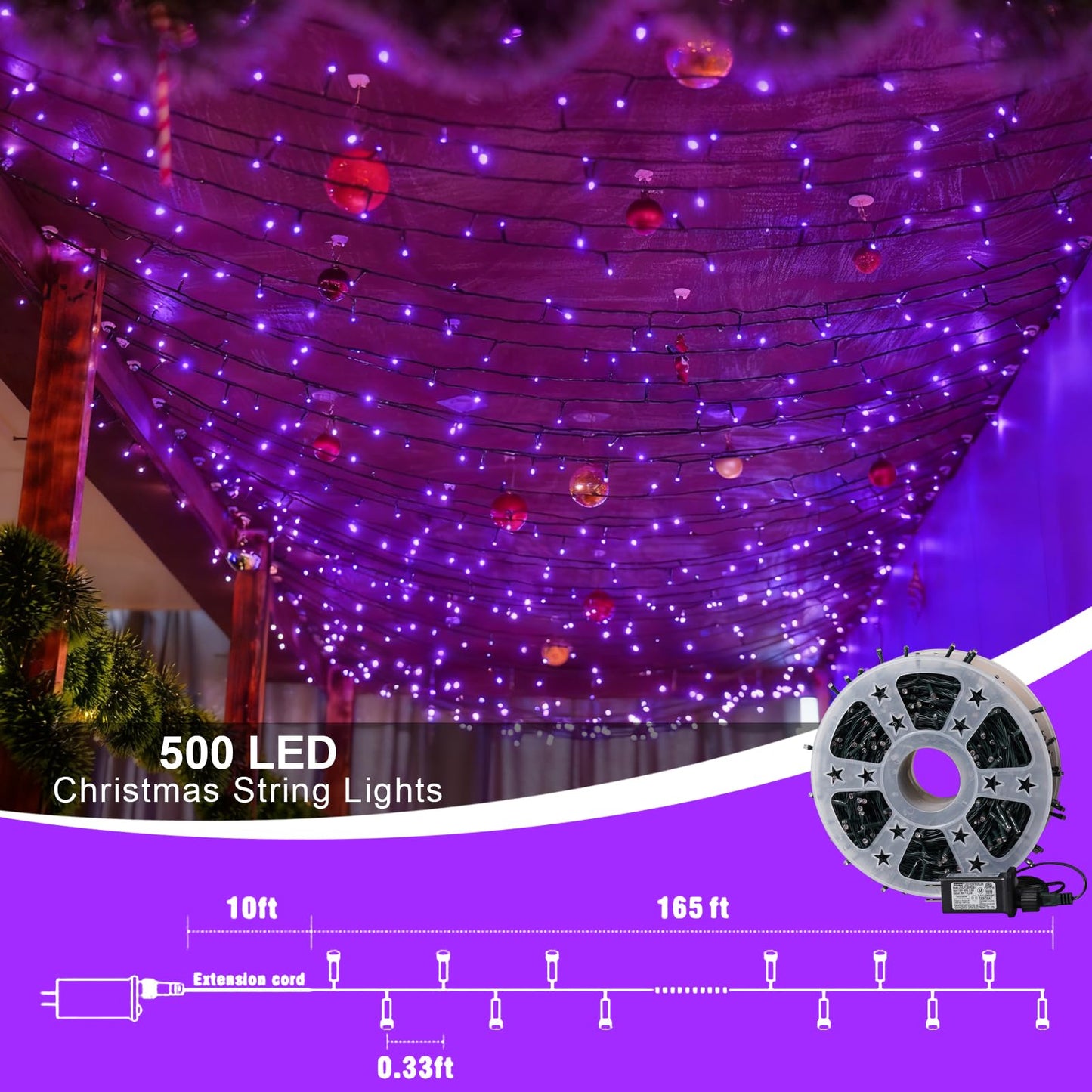 QITONG 165ft 500 LED Purple String Lights, Twinkle Lights Outdoor Waterproof with 8 Modes, Green Wire Christmas Lights Plug in Indoor