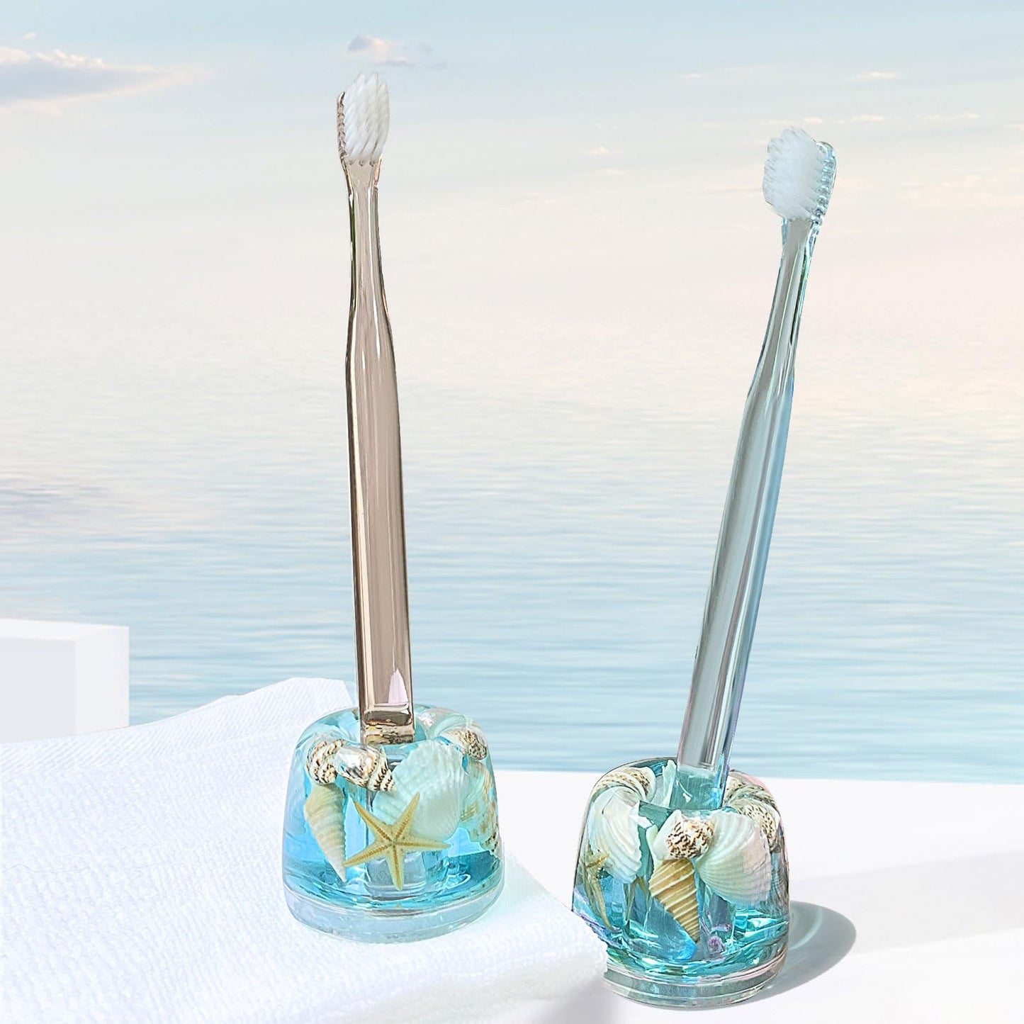 FONMY Mini Couple Toothbrush Holder Stand-Acrylic w/Nature Seashell Handmade Seascape Razor Holders Organizer for Bathroom Vanity Countertops Office Unique Gifts and Home Decoration,Sea Blue,Pack of 2