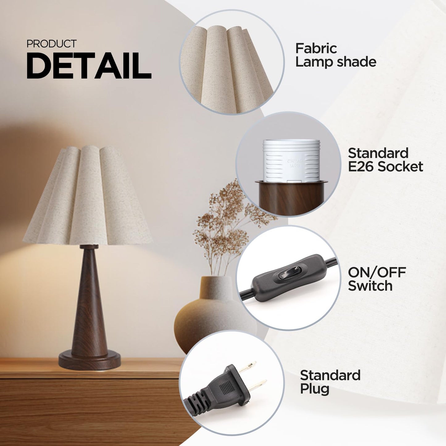 Fengarolam Modern Table Lamp with Petal Linen Lampshade, Dark Faux Wood Metal Base – 20.5” Bedside Nightstand Lamp for Bedroom, Living Room, Office, E26 Base, Max 60W (Bulb Not Included)