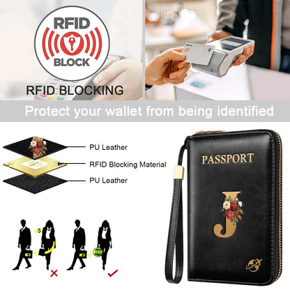 Passport Holder Cover Wallet with Zipper Personalized Initial Letter J Rose Flower RFID Blocking Travel Wallets Credit Cards Holder for Women, Gift for Wife and Girlfriend,J
