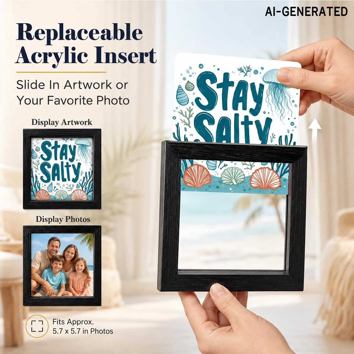 Beach Decorations for Home, Stay Salty Acrylic Sign with Wood Frame, SUmmer Beach Theme Decor for House Room Bedroom Bathroom Classroom 6.3 x 6.3 Inch