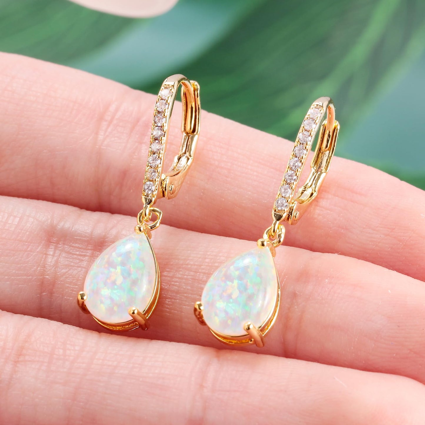 Leverback White Opal Dangle Earrings 14k Yellow Gold Plated Drop Earrings for Women Teardrop Earrings Elegant Jewelry Gifts for Christmas Birthday Party