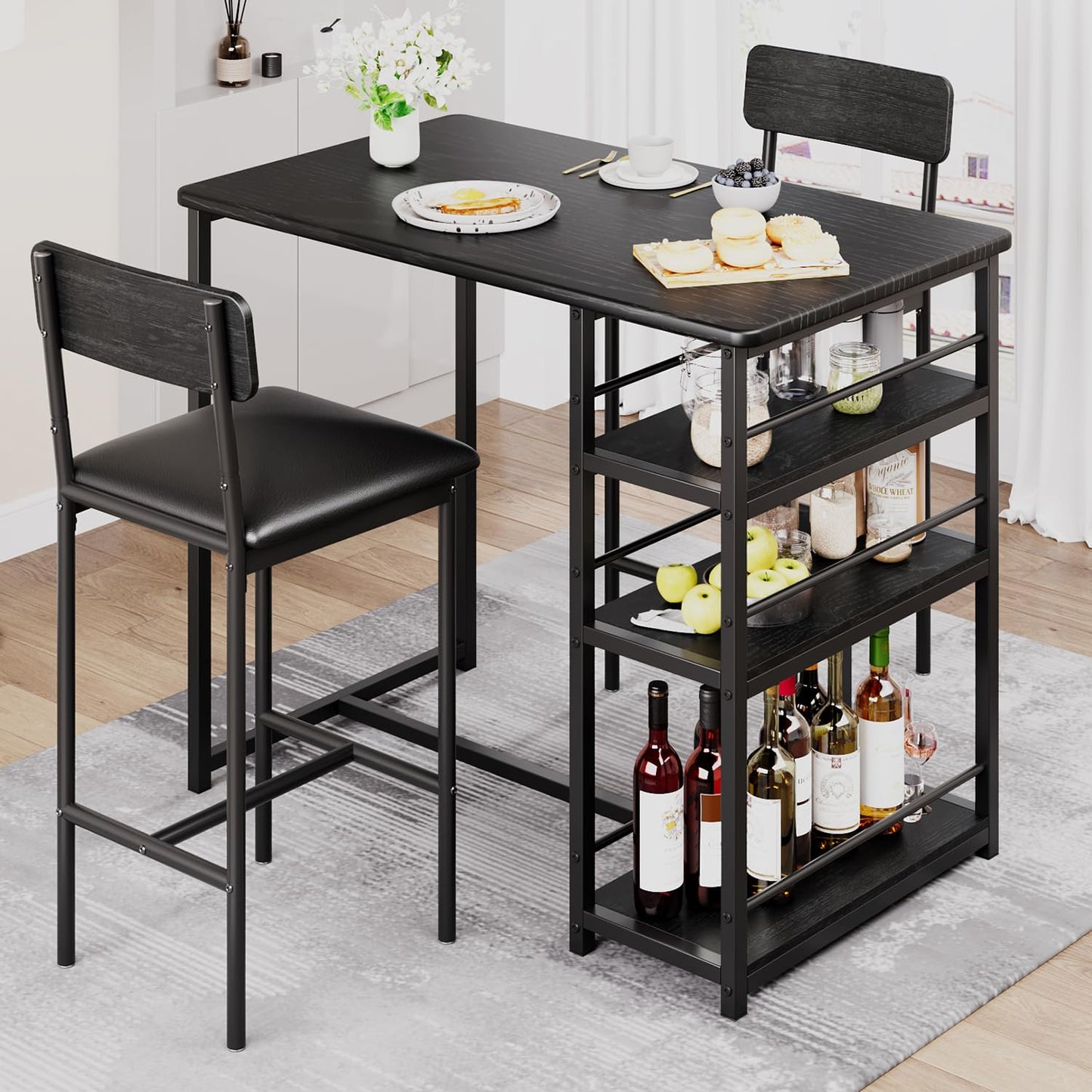 CABIHOME Dining Table Set for 2, Kitchen Table and Upholstered Chairs for 2, 3 Piece Counter Height Bar Table Set with 3 Large Storage Shelves for Small Space, Apartment, Studio, Rustic Black