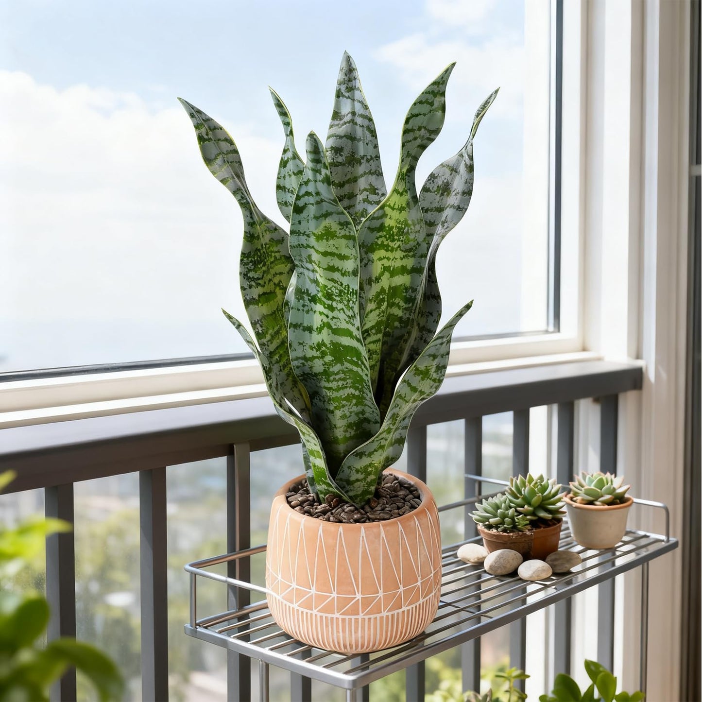 DUZYXI Artificial Realistic Snake Plant 17" with Concrete Pot Fake Snake Plants Sansevieria Greenery Faux Snake Plant for Home Office Living Room Housewarming Gifts Indoor Decor