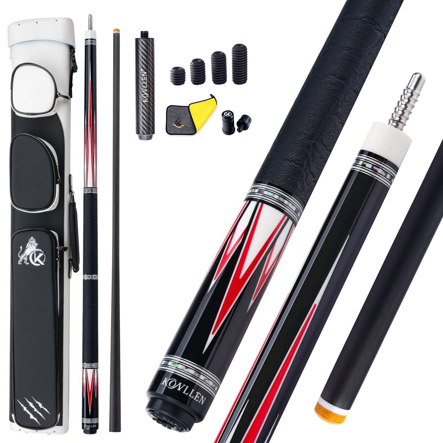 KONLLEN 2.0 Pool Cue Complete Set with Case & Extras | Hand-Inlaid Carbon Fiber Pool Cue with Professional Taper | Low Deflection Shaft for Adults & League Players