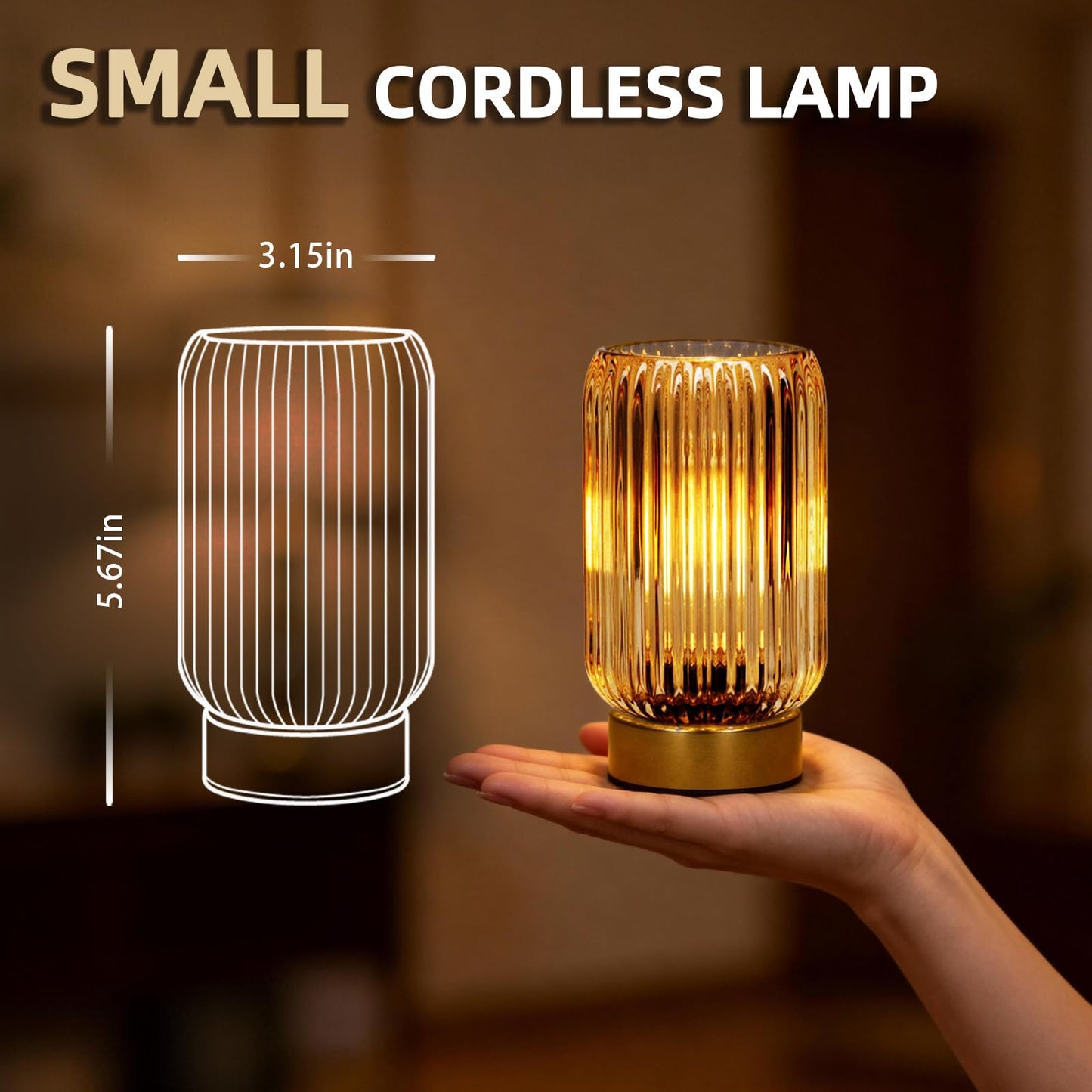 MJ PREMIER Cordless Lamp, Battery Operated Lamp with Timer, Yellow Glass Lampshade, Small Table Lamps for Area No Plug, Decorative Led Light for Bedroom Living Room Shelf (Yellow)