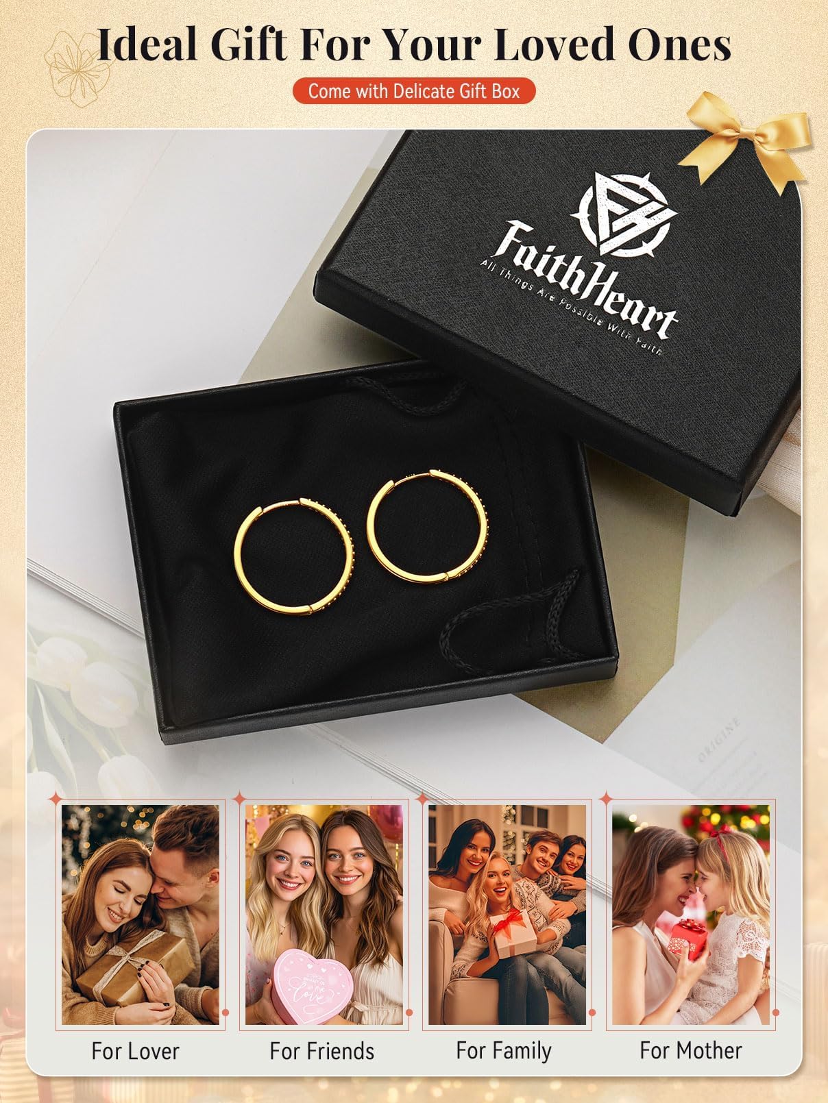 FaithHeart Cubic Zirconia Hoop Earrings for Women, Black Hypoallergenic Huggie Hoop Earrings, Small Cartilage Earrings for Women 8mm, Send Gift Box