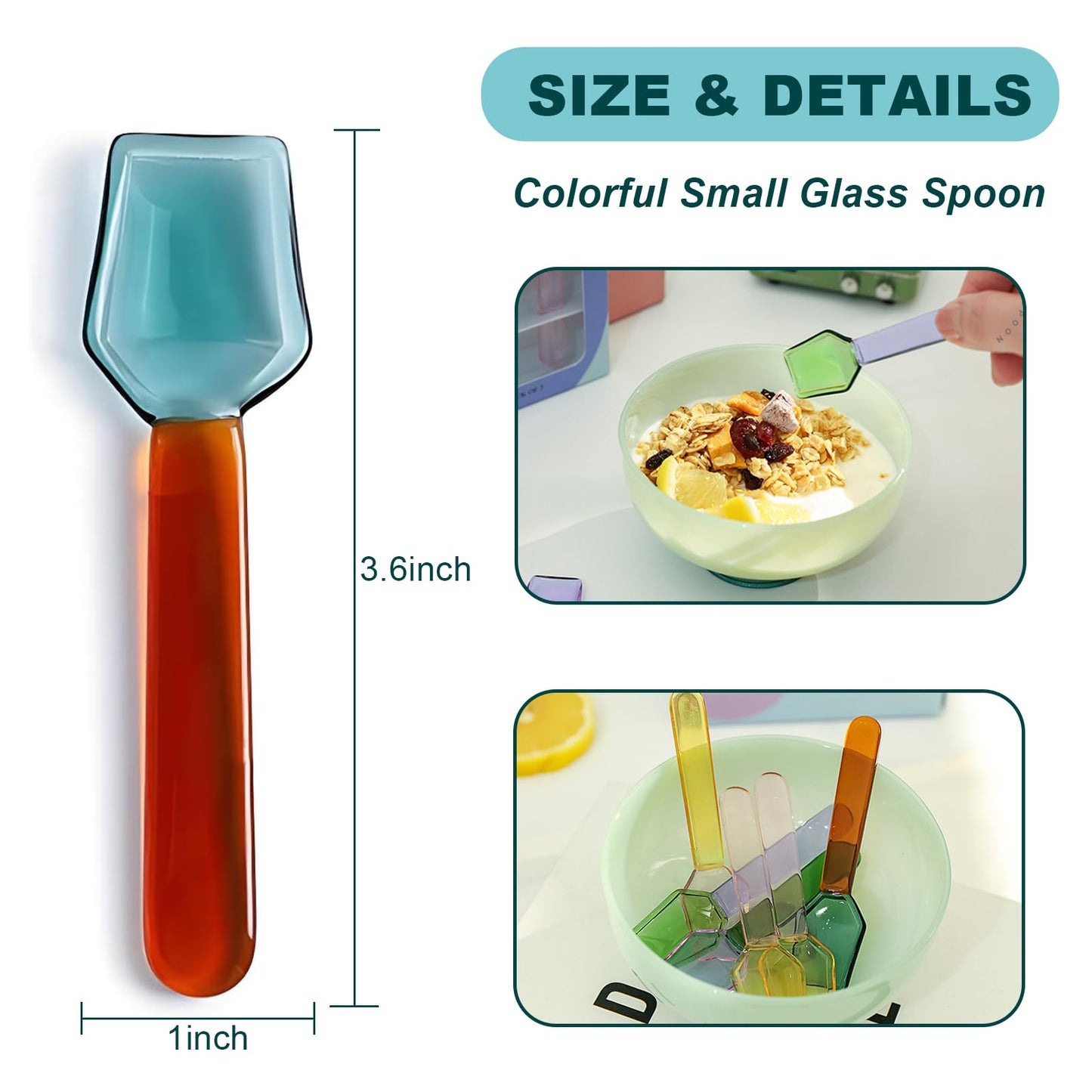 TMXAOK 3 Pieces Colorful Small Glass Spoon, 3.6Inch Clear Crystal Ice Cream Dessert Coffee Stirring Spoon Teaspoon Salt Sugar Seasoning Jam Honey Scoop for Cafe Bar Party (B)