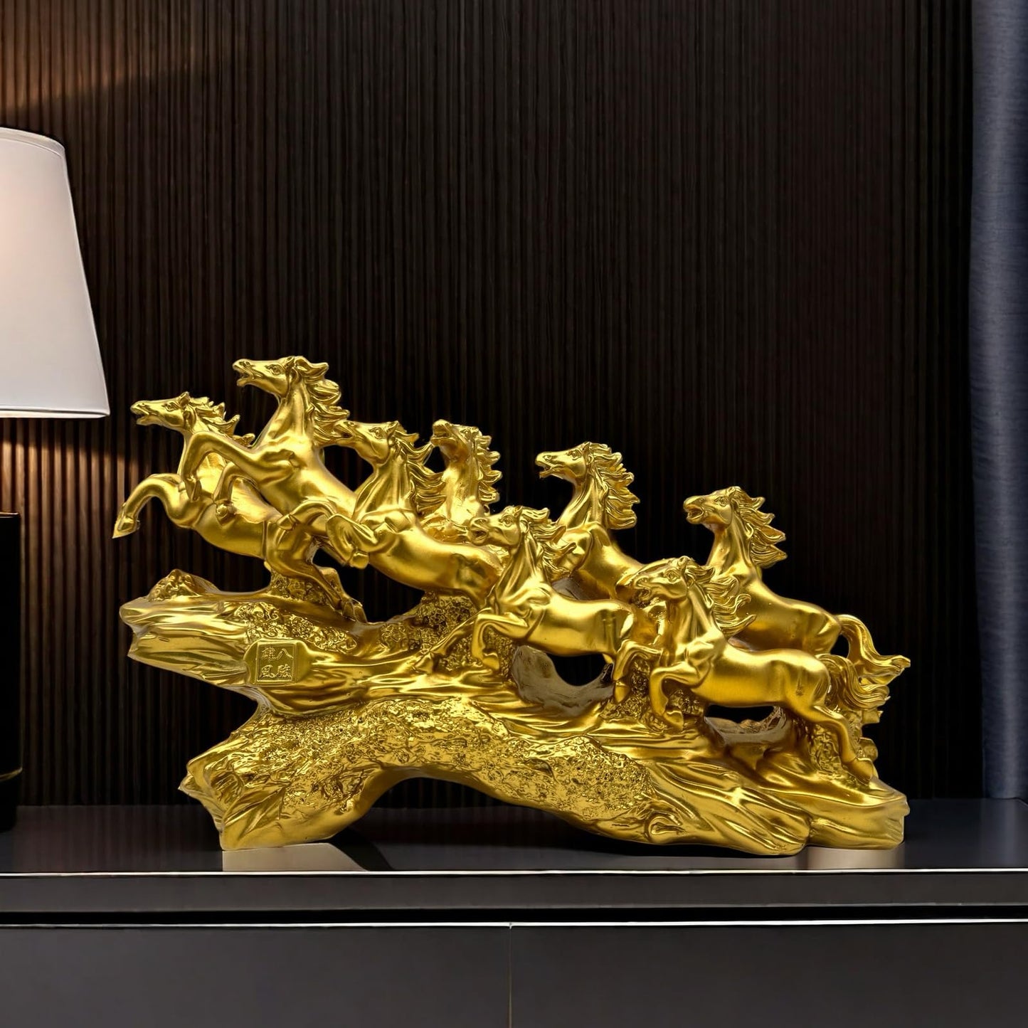 FUNSXBUG Chinese Feng Shui Horses Statue Sculpture - Resin Running Horse Figurines Home Office Decoration Tabletop Decor Ornaments for Wealth and Success Good Lucky Gifts Gold