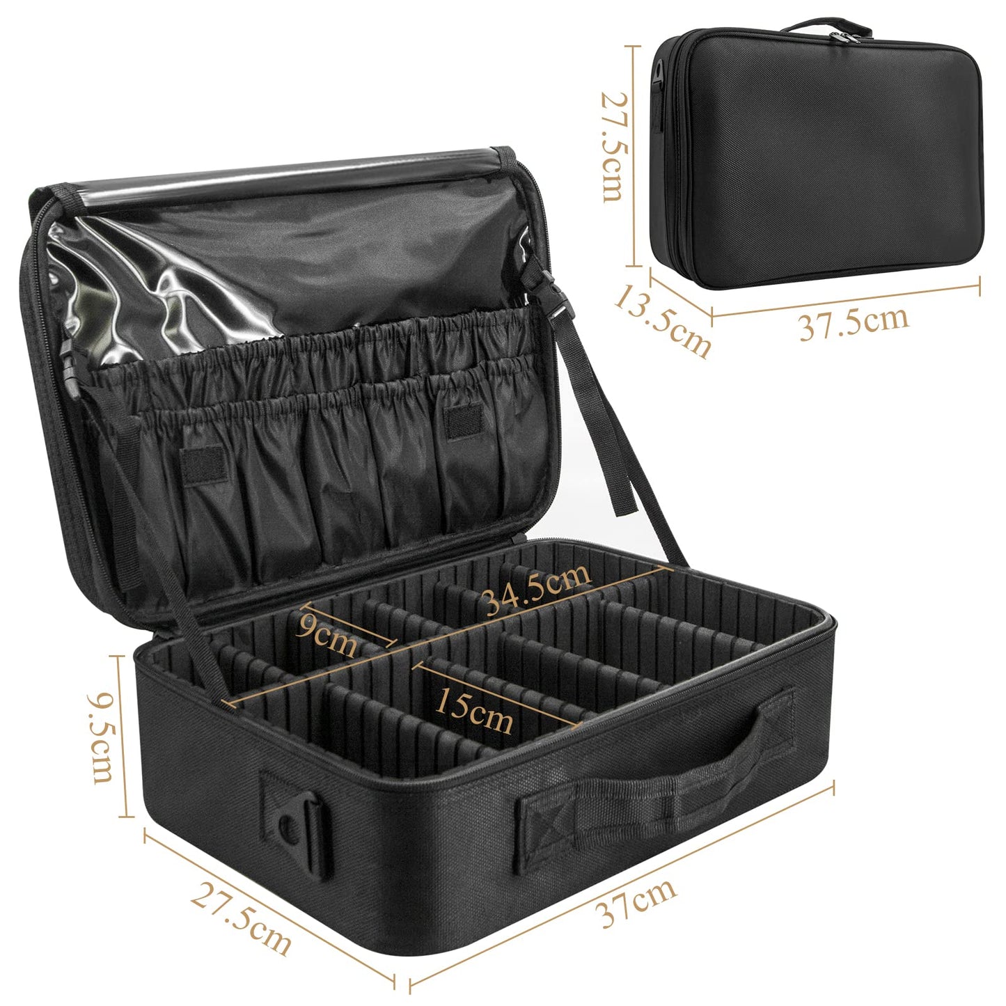 Makeup Bag Make up Case: Large Travel Cosmetic Case Organiser - Professional Portable Makeup Storage Bags for Toiletry - Make Up Artist Tool Brush Vanity Beauty Box with Adjustable Dividers | Black