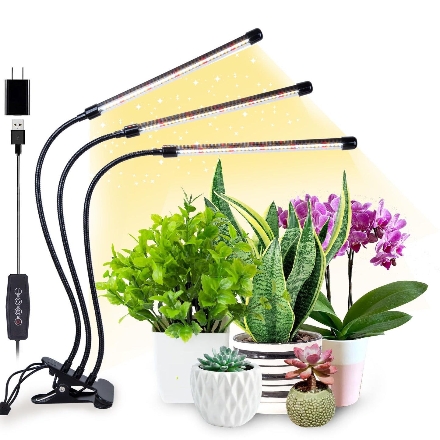 ELITUN Grow Lights for Indoor Plants, 3000k/5000k/660nm Full Spectrum Plant Light with 3/9/12H Timer, 9 Brightness Levels, Auto ON/Off, 3 Heads Clip 126 LEDs Plant Grow Lamps