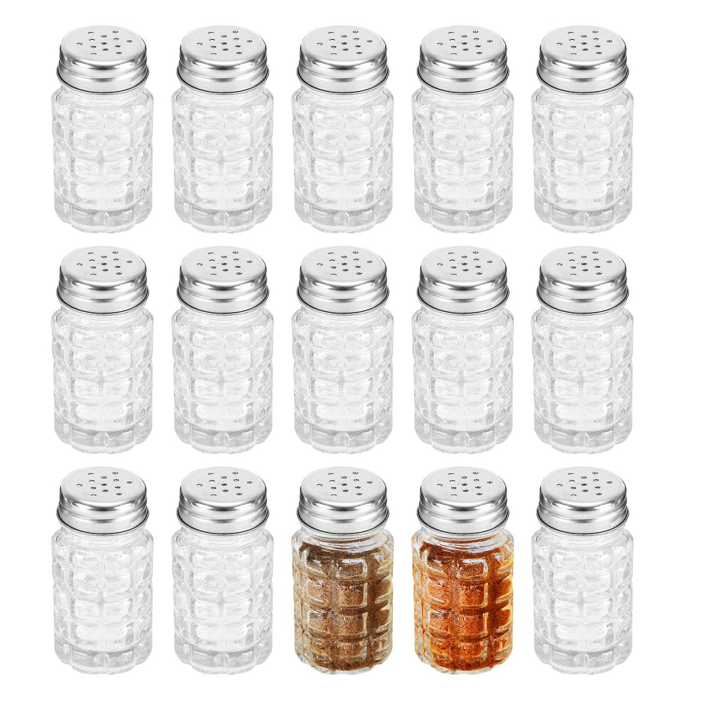 Jucoan 16 Pack Retro Style Glass Salt and Pepper Shakers with Stainless Steel Top, 2 oz Small Glass Spices Shakers Seasoning Bottle Jars for Kitchen Restaurant Wedding BBQ Party Camp Travel