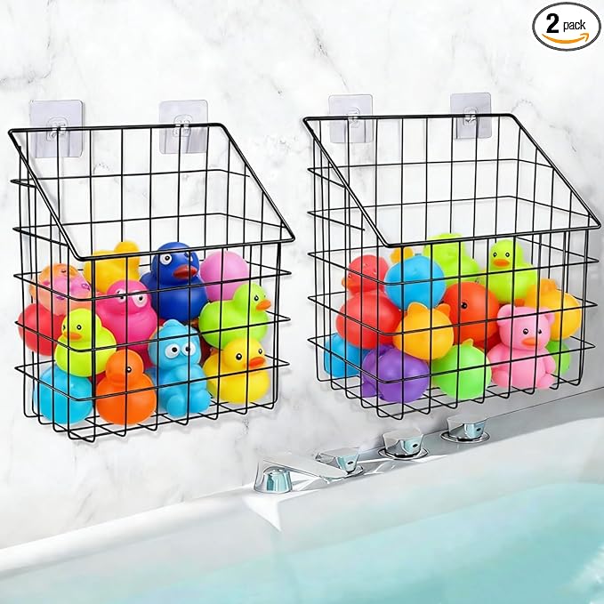 2 Pack Bath Tub Toy Storage Organizer Basket, Rustproof Black Iron Holder