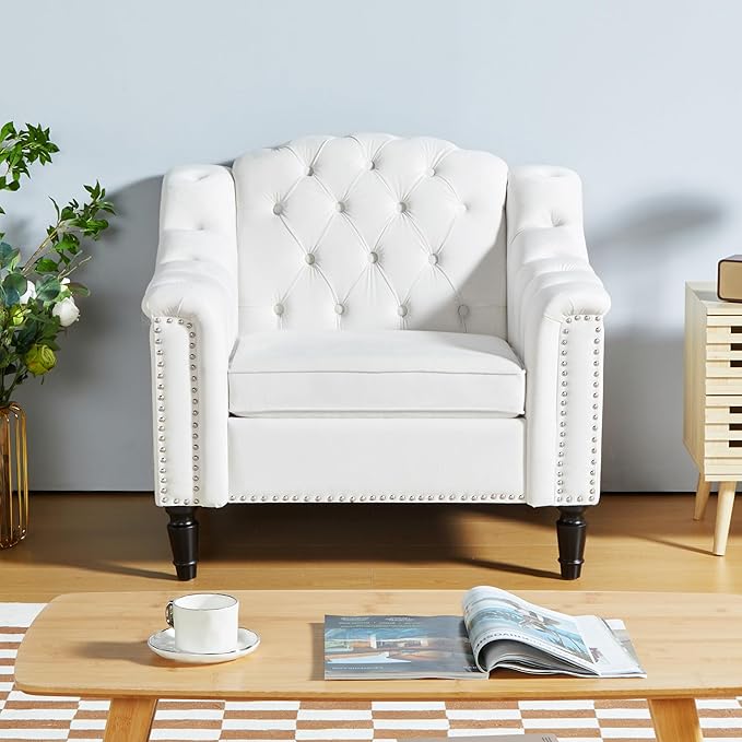 LEVNARY White Velvet Chair for Bedroom, Upholstered Sofa Chair