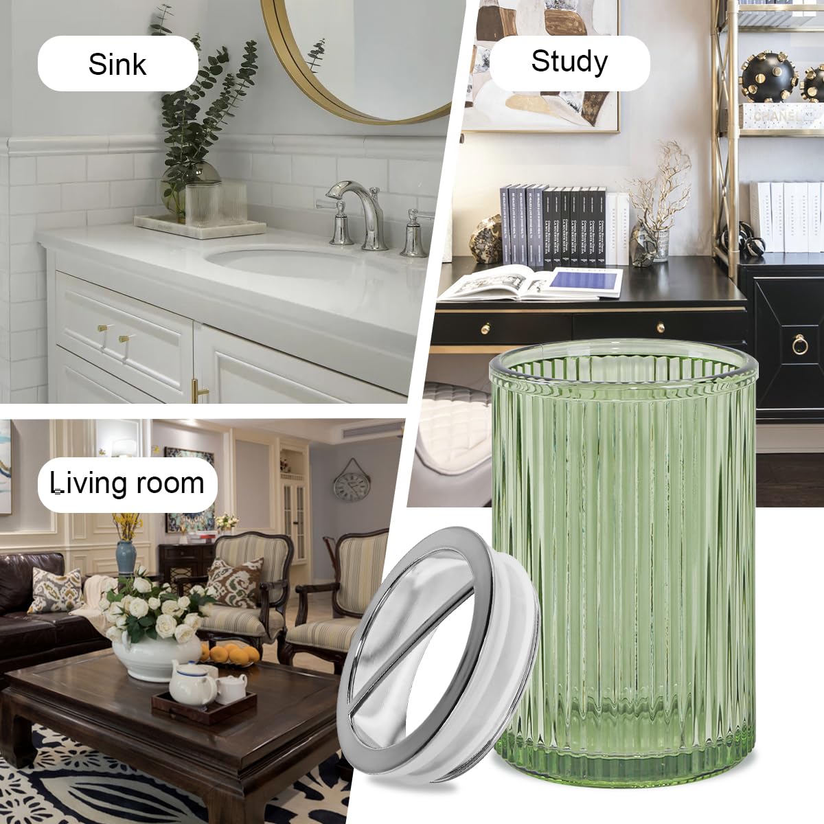 Tonxus Green Toothbrush Holders for Bathrooms, 2pcs Glass Toothbrush Holder and 12oz Bathroom Tumbler Cup Set, Silver Tooth Brush and Toothpaste Organizer for Bathroom Vanity Countertop