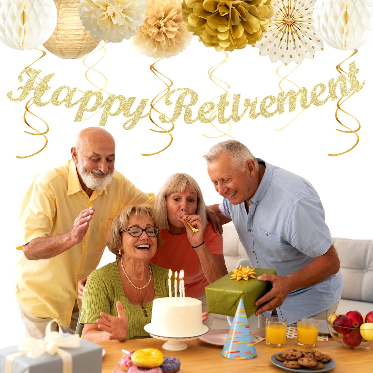 Beige-Gold Happy Retirement Party Decorations Banner Women Men Huglony