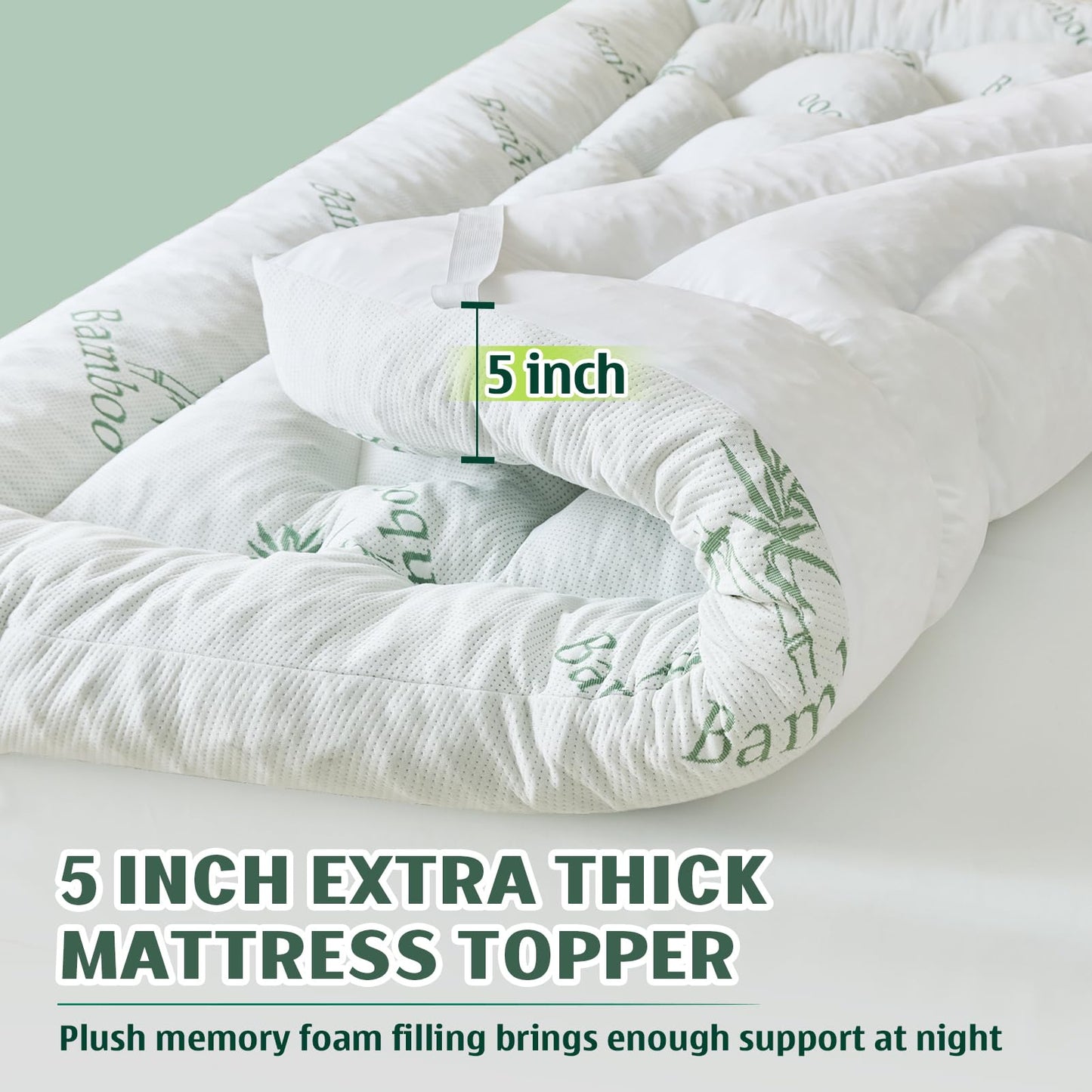 5 Inch Memory Foam Mattress Topper Full Size, Breathable Viscose Made from Bamboo Pillow Top Mattress Pad Cover, Soft Bed Topper with 2000 GSM Foam Filling for Pain Relief, White, 54x75x5 in