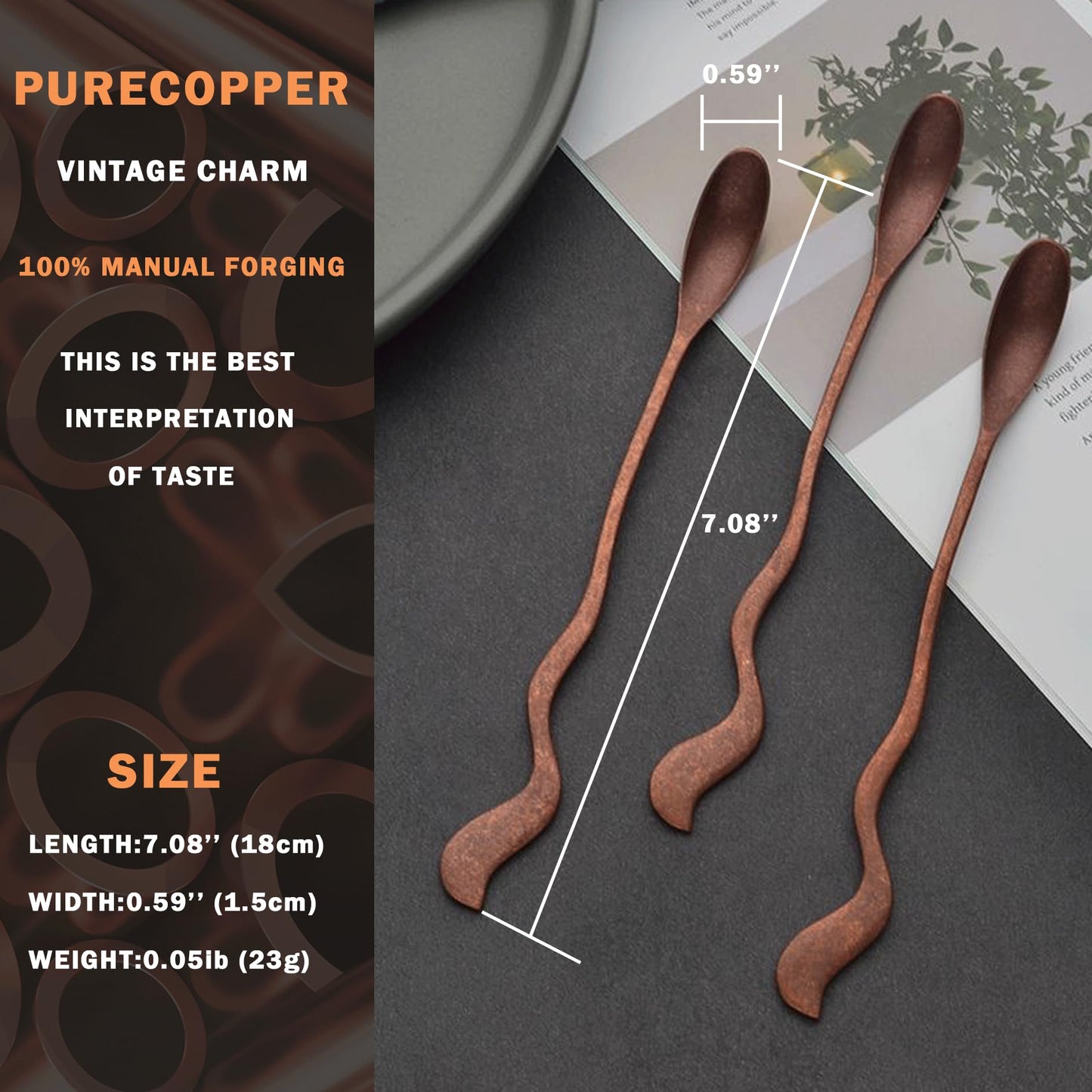 Purecopper 7.08-Inch Vintage Coffee Spoon, Hand-Forged Antique Copper Spoon, Suitable for Stirring Coffee, Milk, And Cocktails (1)