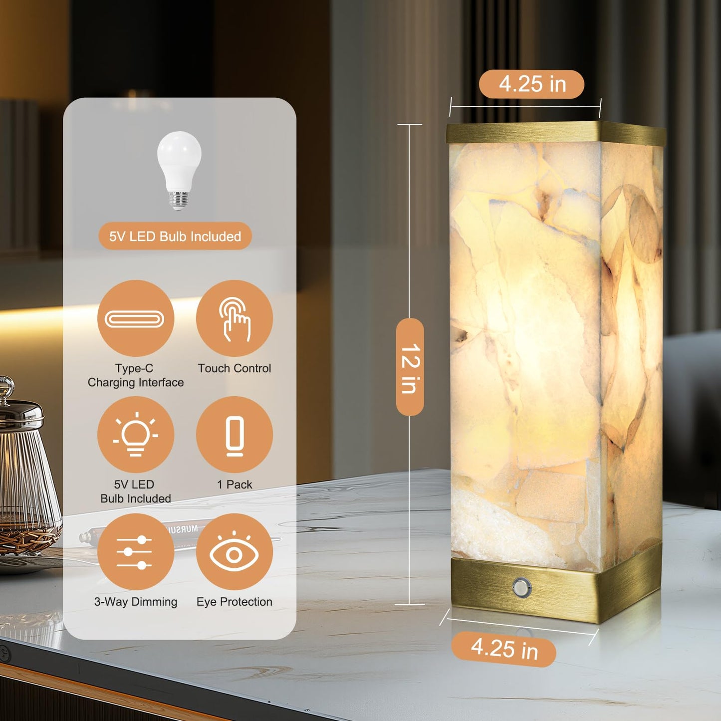 Scenekoy Alabaster Rechargeable Table Lamp for Living Room Bedroom Nightstand, Portable Battery Operated LED Bedside Lamp, Cordless Night Light for Home Office Dorm Desk Decor (Bulb Included)