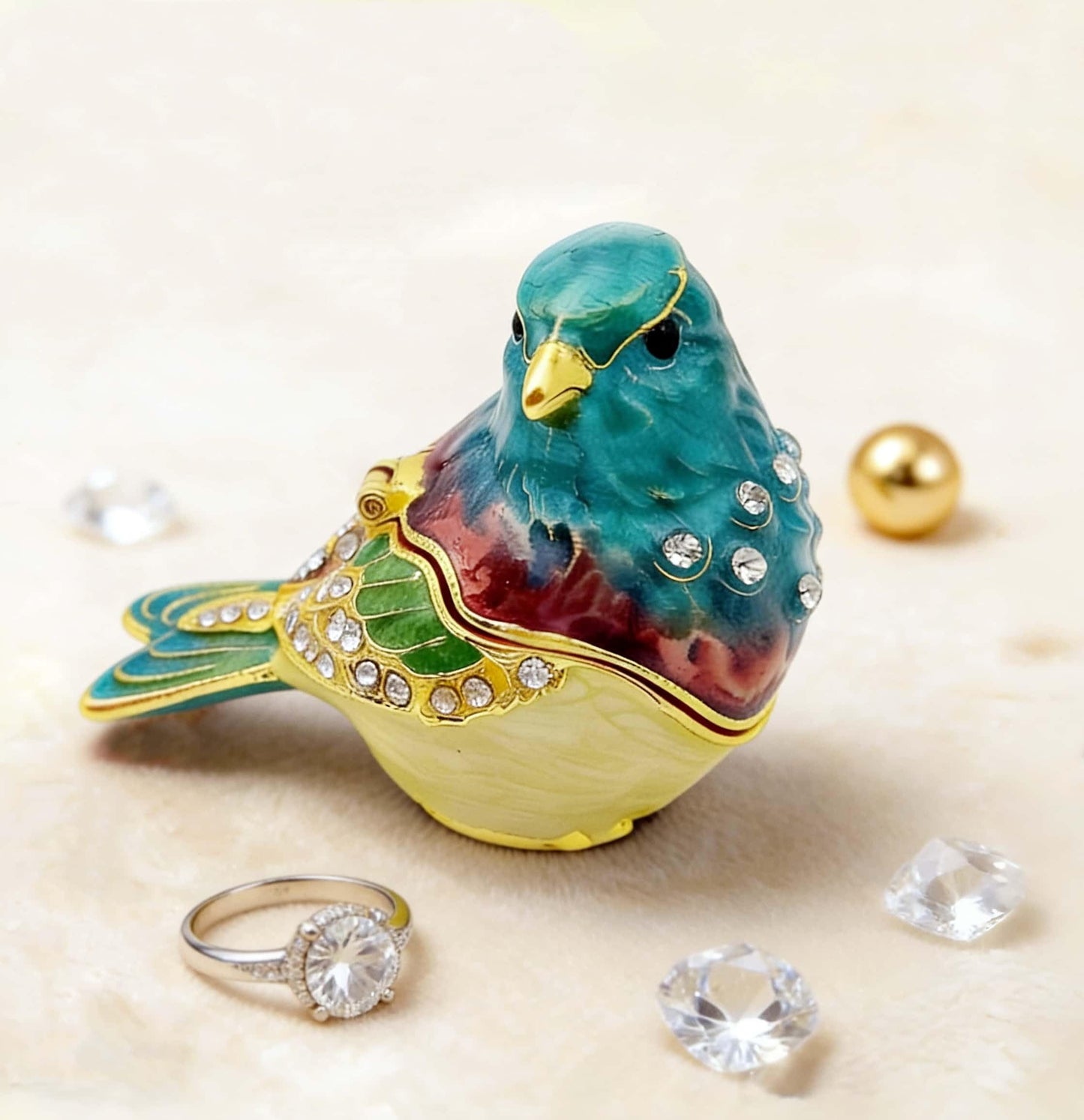 JWT Astyle Turquoise Green Bird Trinket Boxes Hinged,Bird Decor with Crystals Enamel Jewelry Box.Necklace Ring Box Earrings Storage.Collectible Birds Lover Gifts Figurines Home Decor