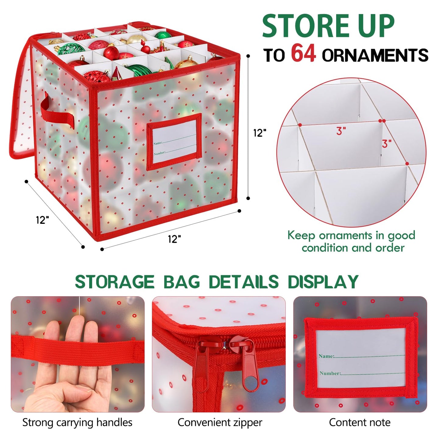 BINSUNS Christmas Ornament Storage Box, Christmas Storage Containers Organizer Bag with Dividers - Fits up to 64 Holiday Xmas Ornaments Decorations 3" Seasons Balls(Red)